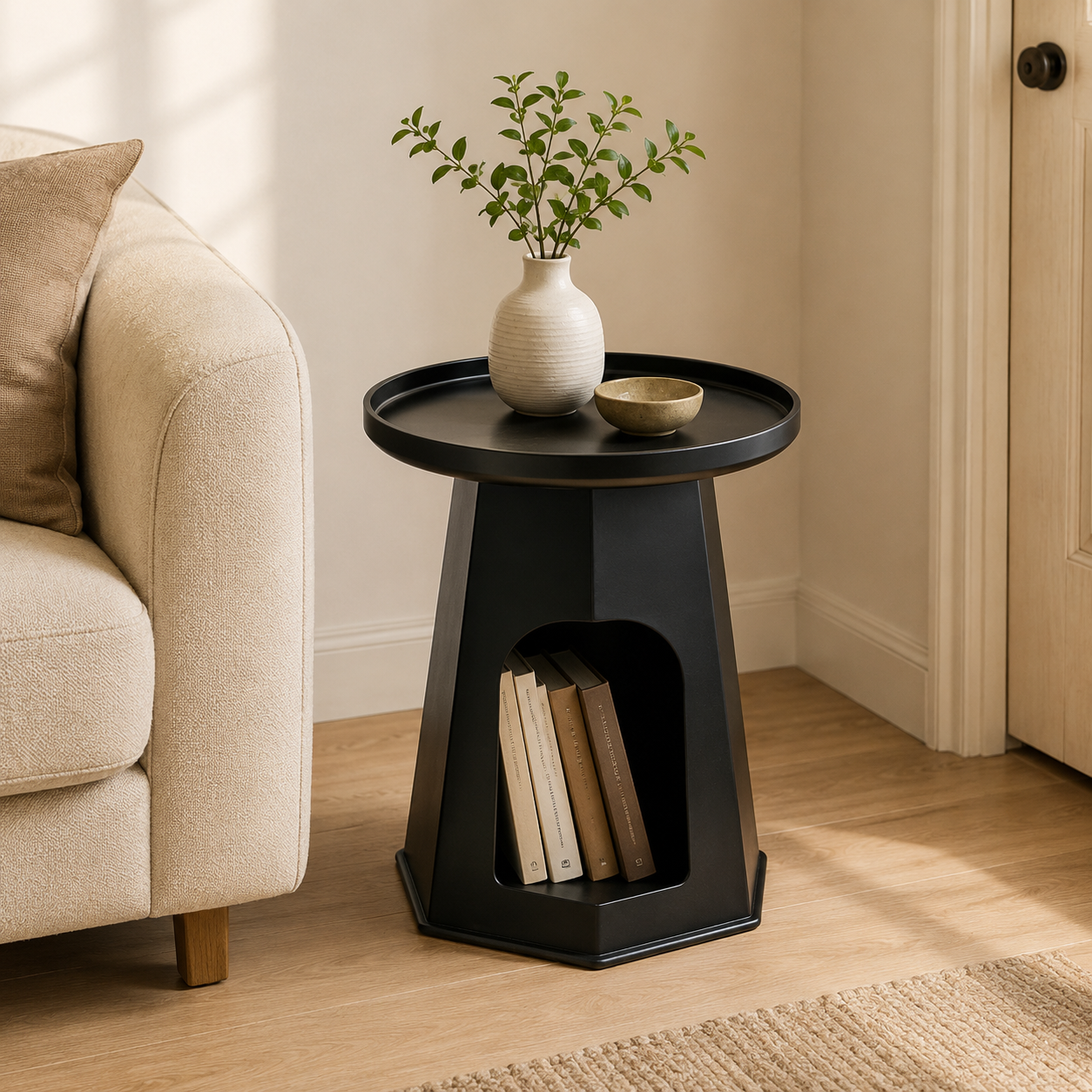 Modern round cream plastic side table with a minimalist design for use beside a sofa or bed in small living rooms and bedrooms.