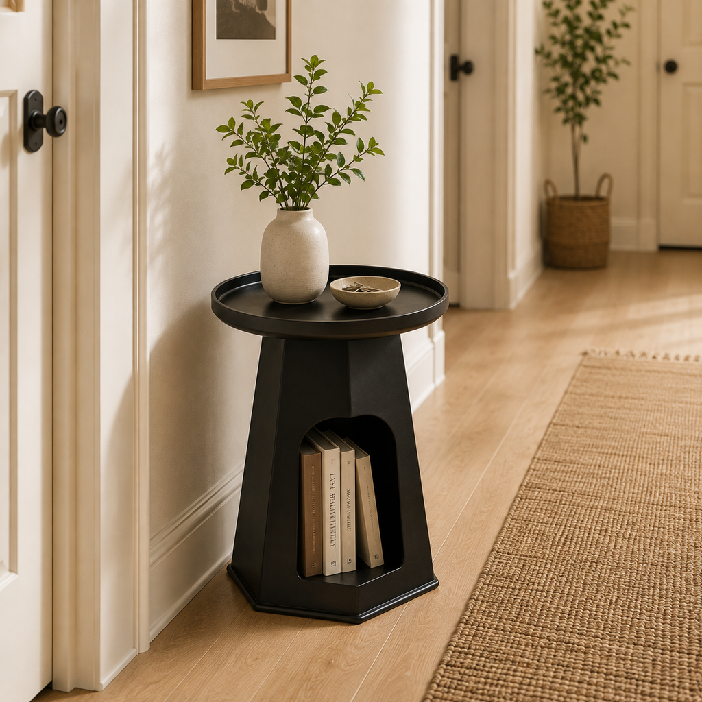 Modern round cream plastic side table with a minimalist design for use beside a sofa or bed in small living rooms and bedrooms.