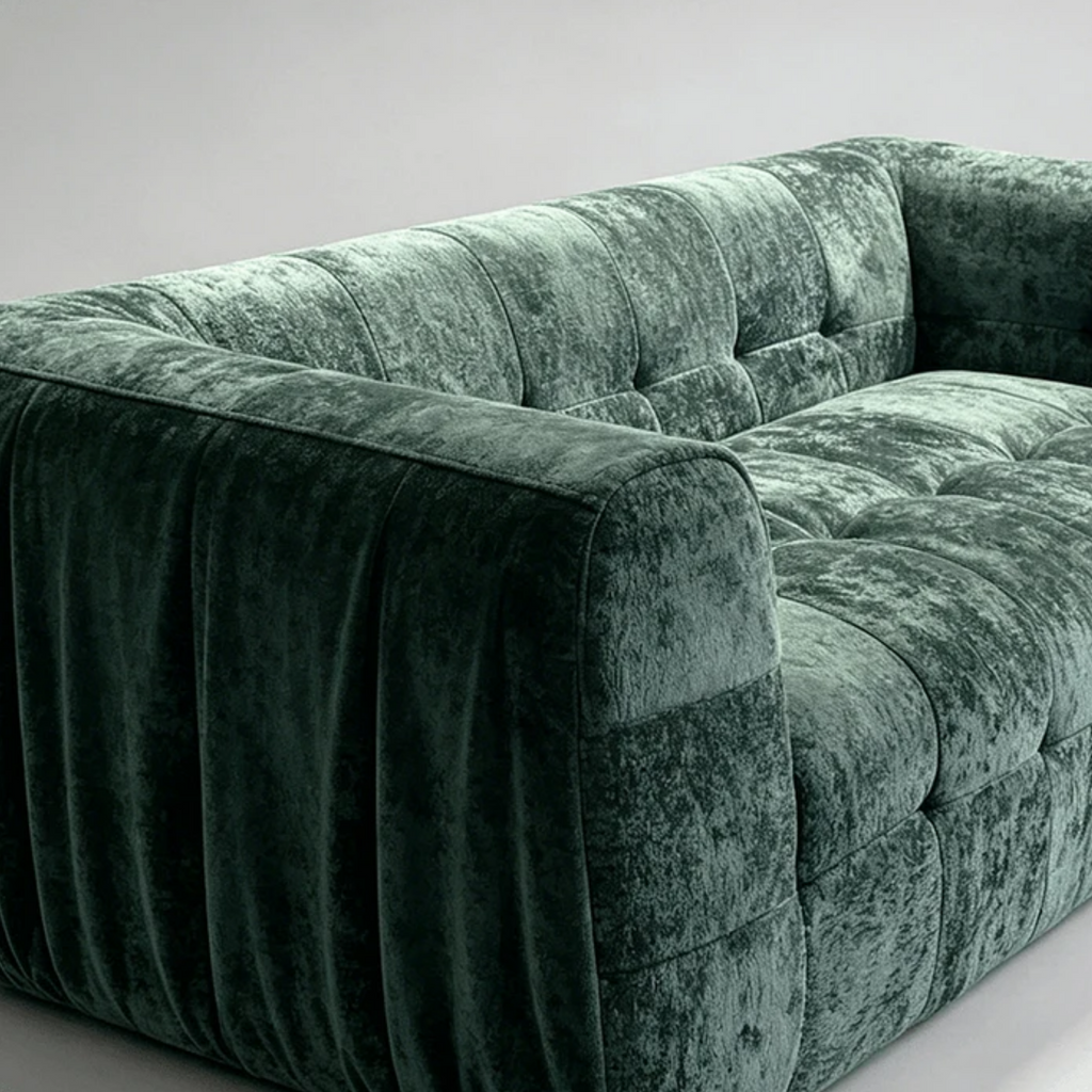 Angled view of tufted fabric sofa