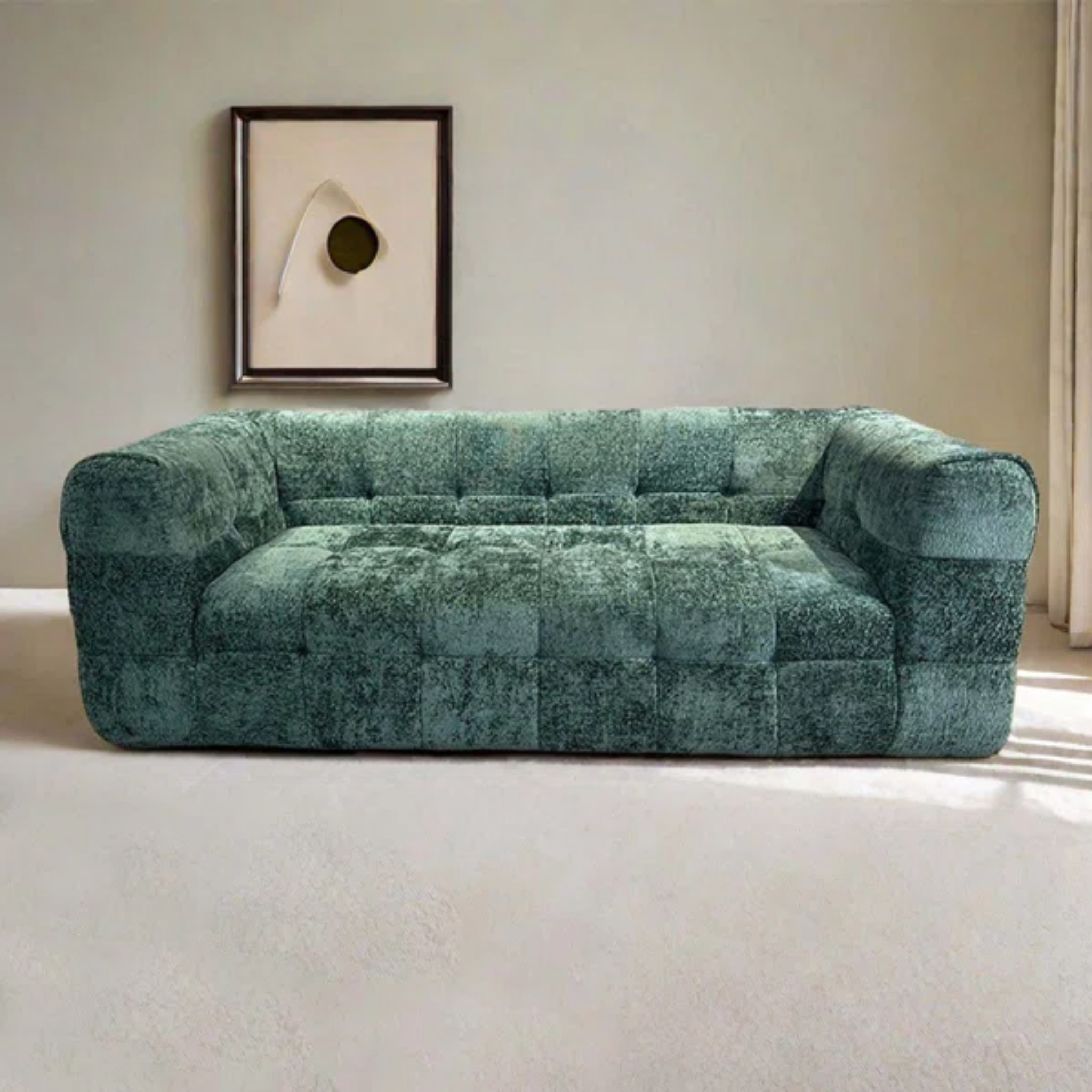 Front view of modern minimalist fabric sofa