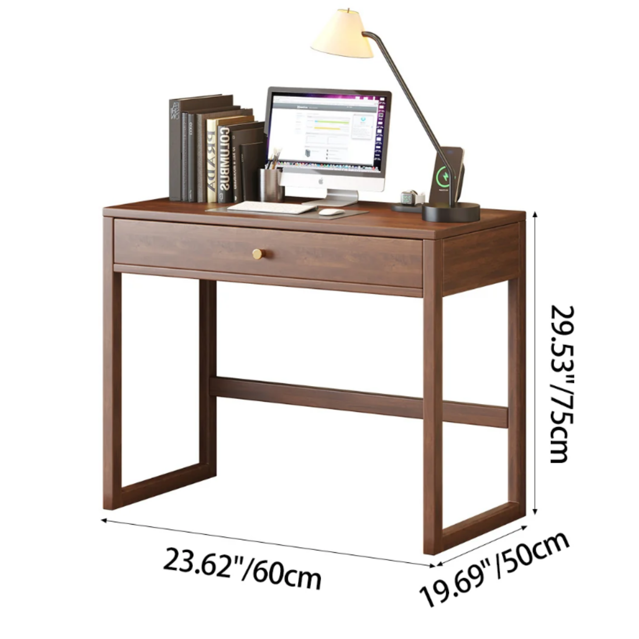 Dimensions of the modern solid rubberwood writing desk with 1 drawer in 60 cm