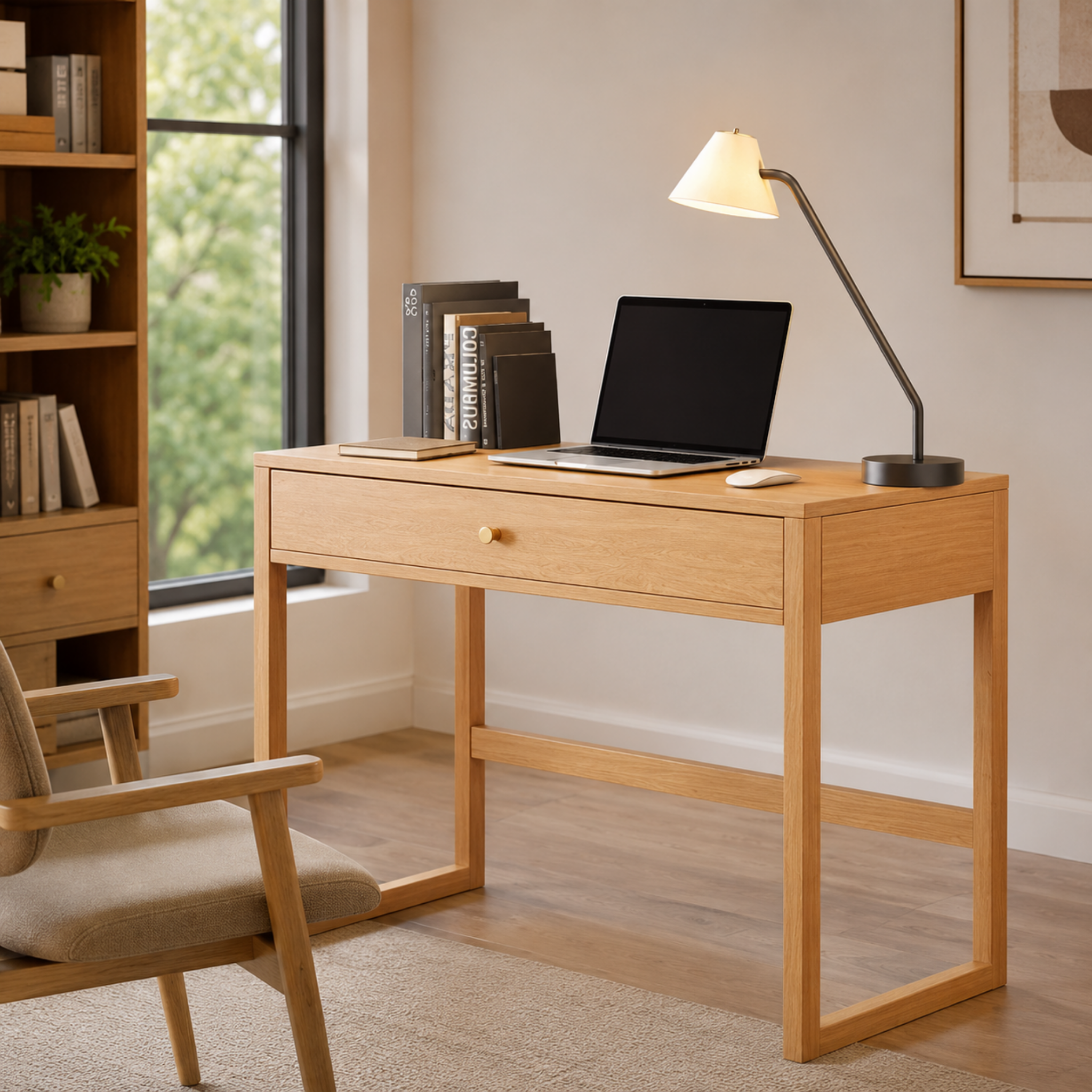 Modern solid rubberwood writing desk with 1 drawer in natural wood