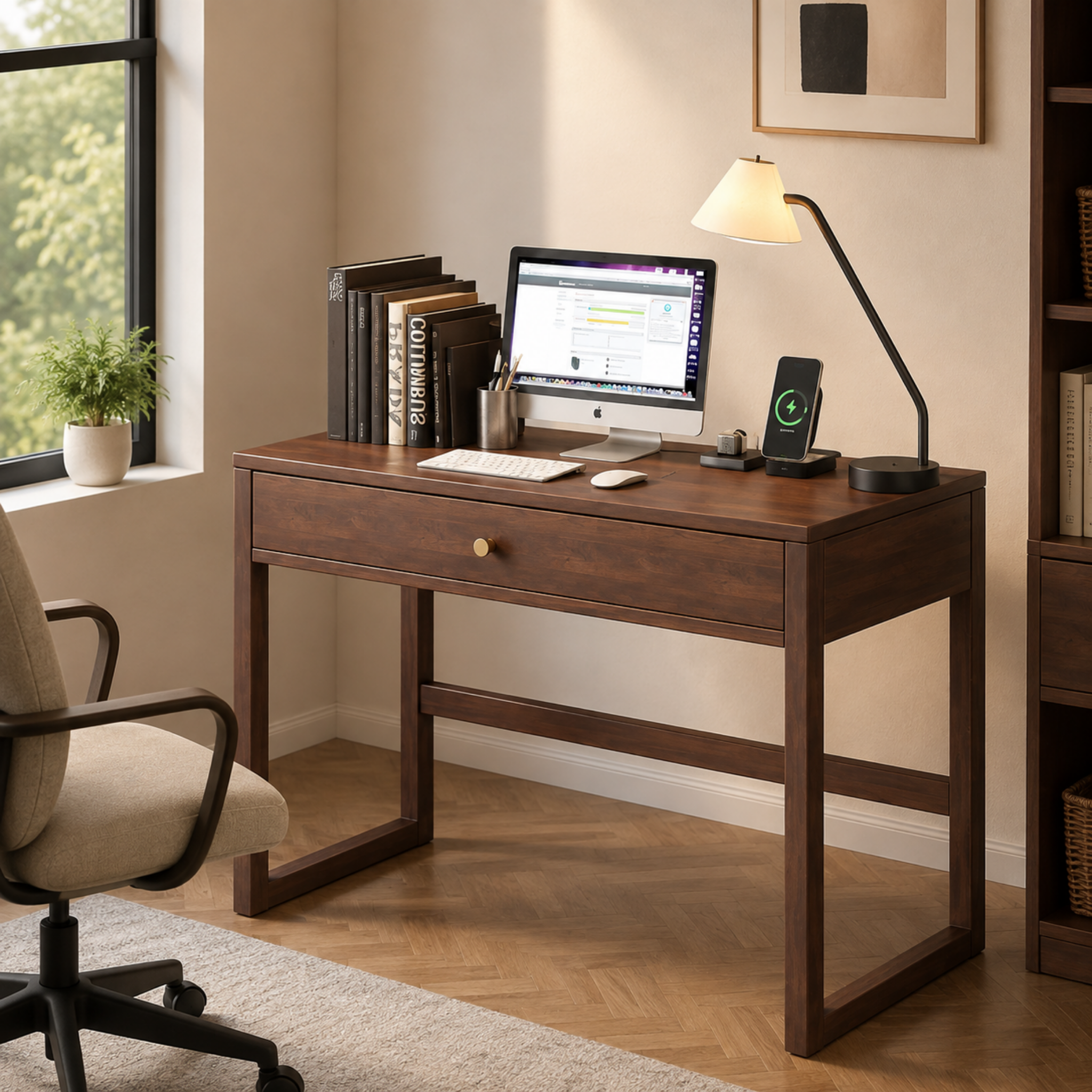 Modern solid rubberwood writing desk with 1 drawer in walnut