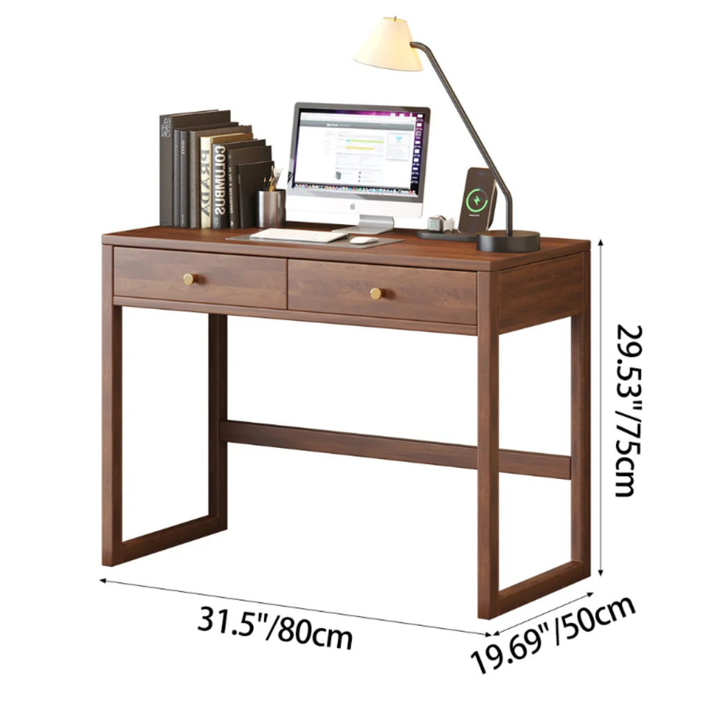 Dimensions of the modern solid rubberwood writing desk with 2 drawers