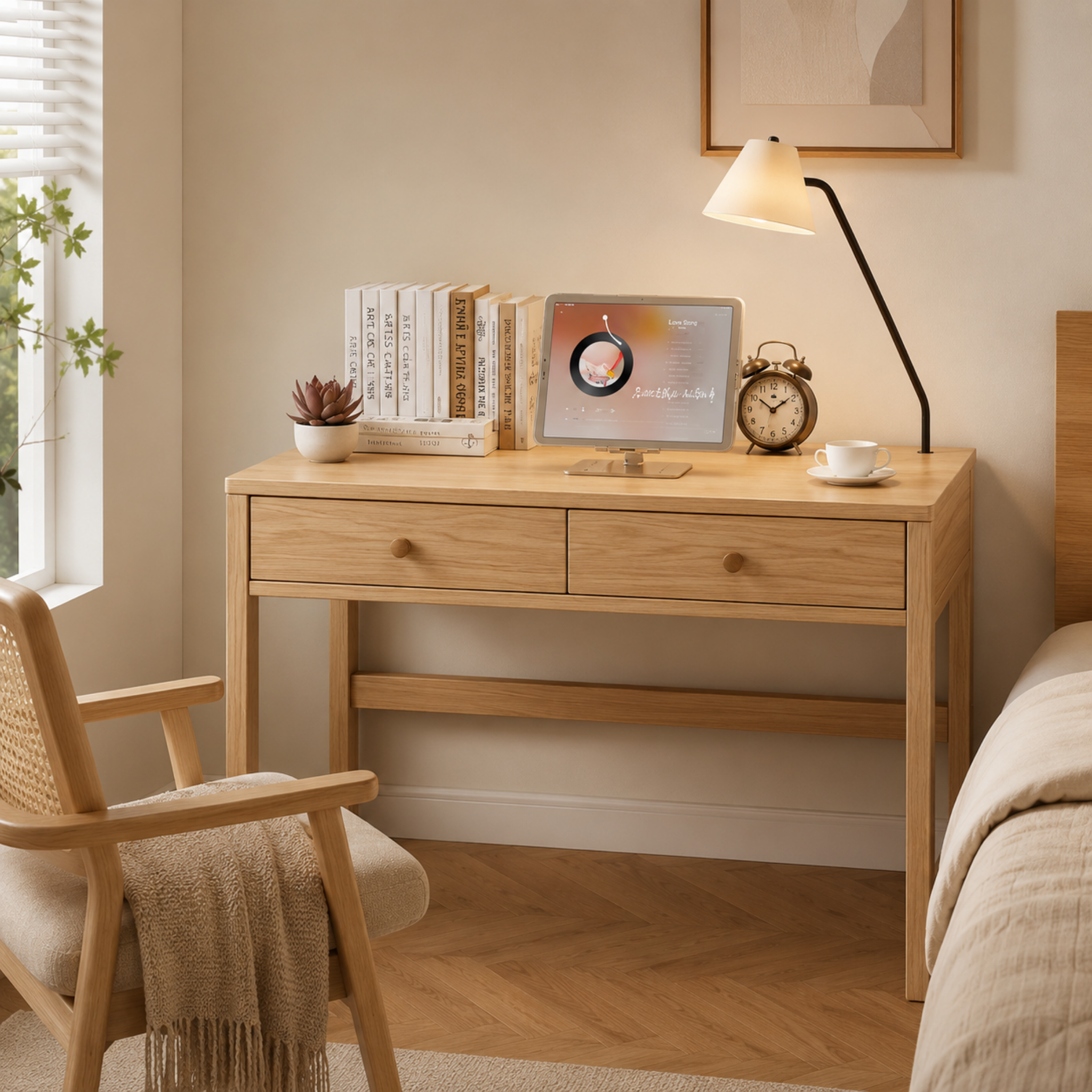 Modern solid rubberwood writing desk with 2 drawers in natural wood