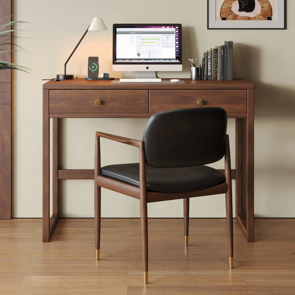 Angled view of the modern solid rubberwood writing desk with 2 drawers in walnut