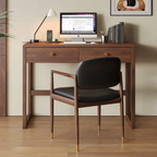 Angled view of the modern solid rubberwood writing desk with 2 drawers in walnut