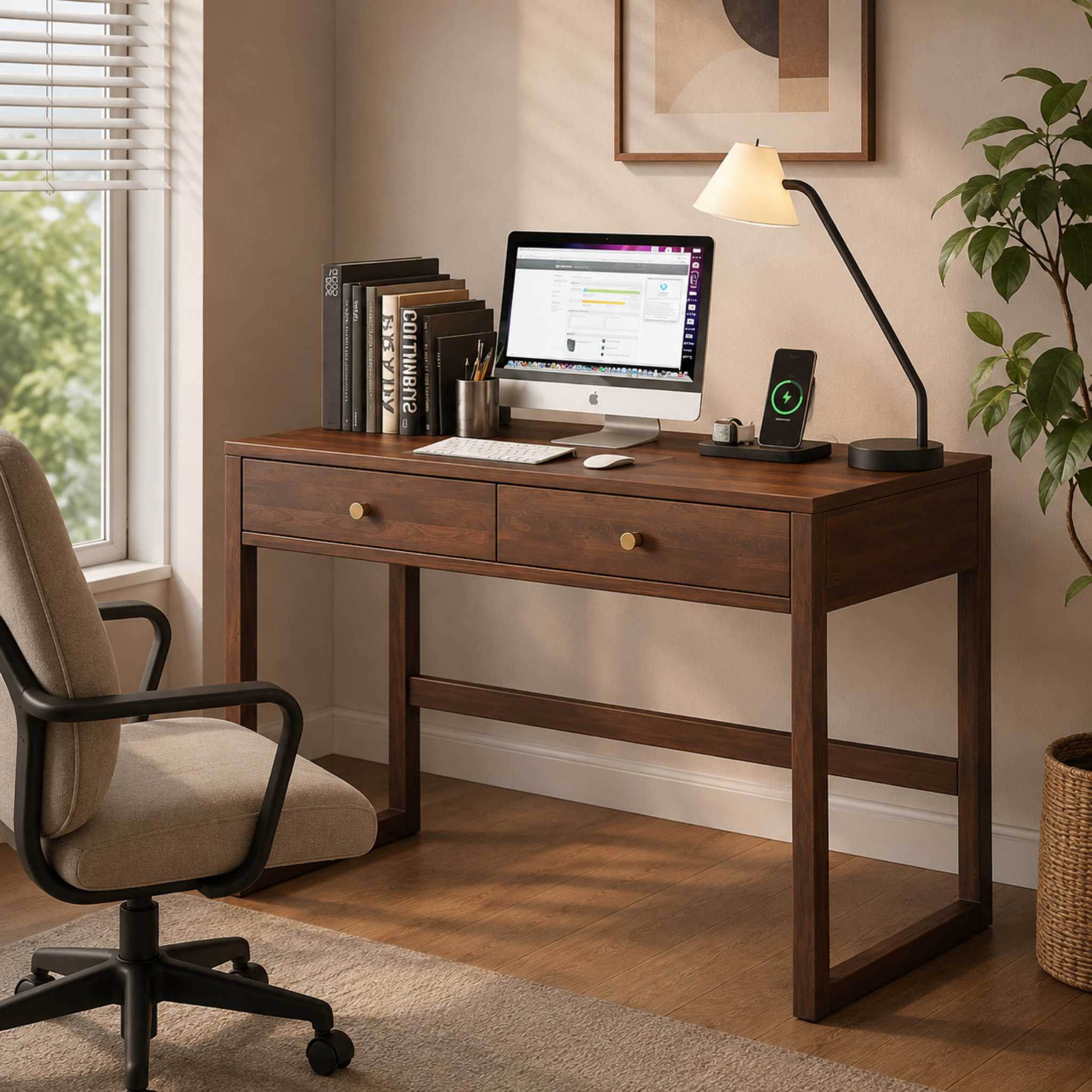 Modern solid rubberwood writing desk with 2 drawers in walnut