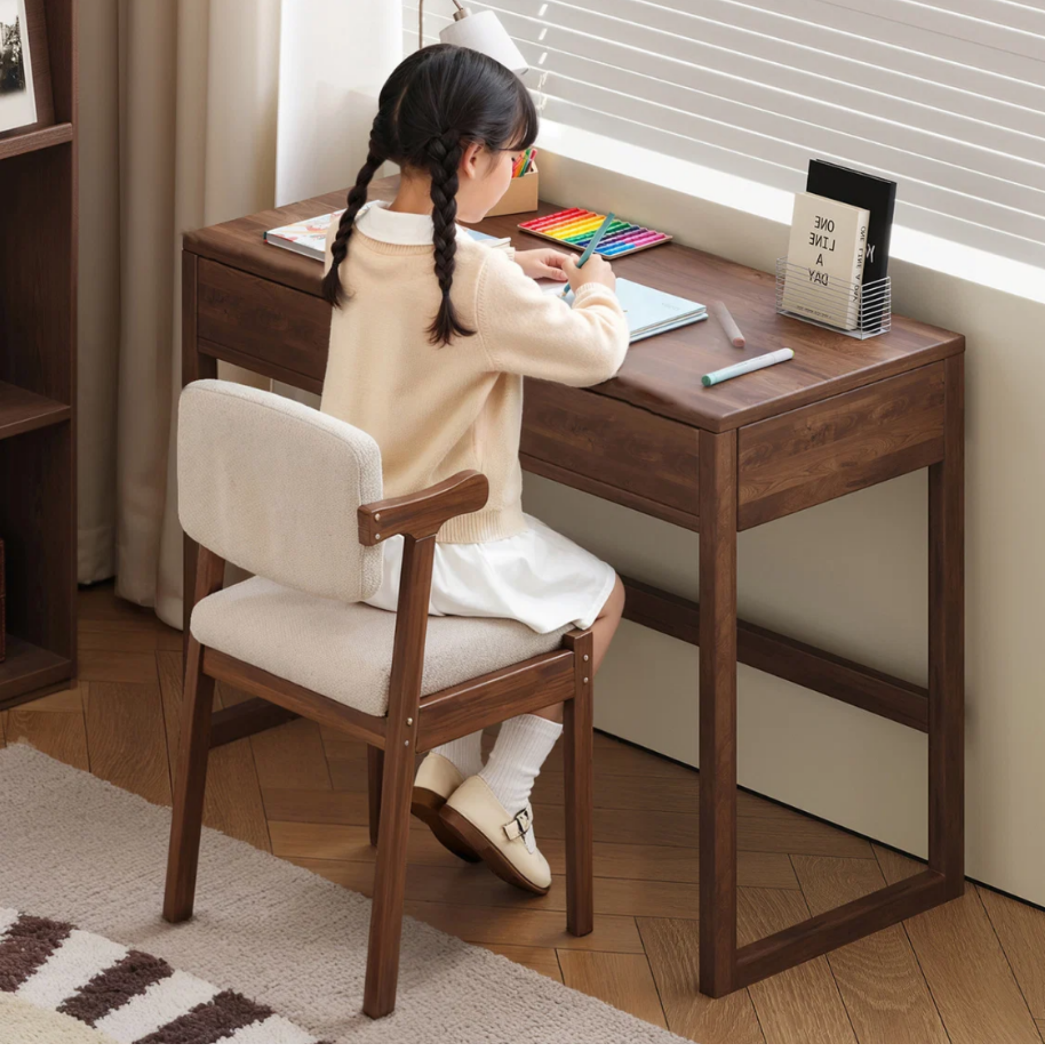 Modern solid rubberwood writing desk used for studying in a bedroom
