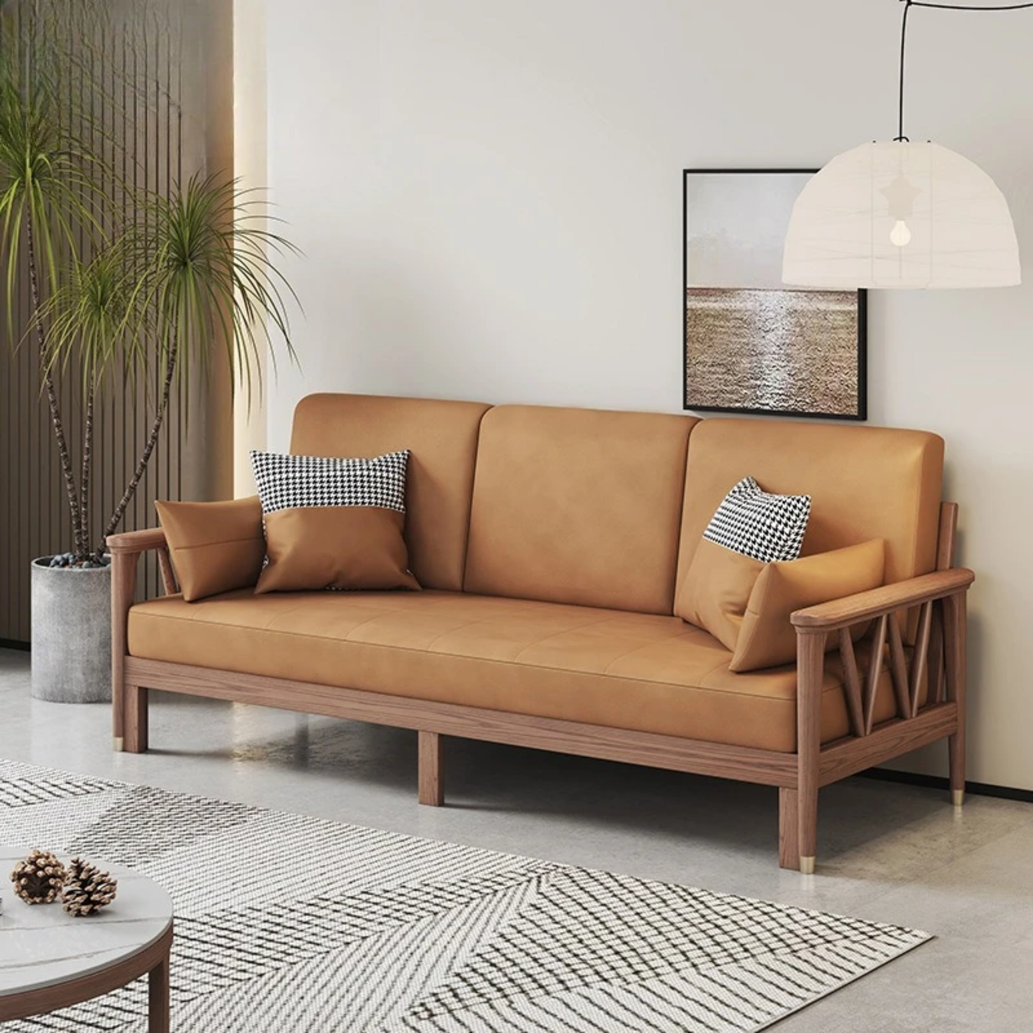 Modern solid wood sofa bed with pull-out sleeper in small size