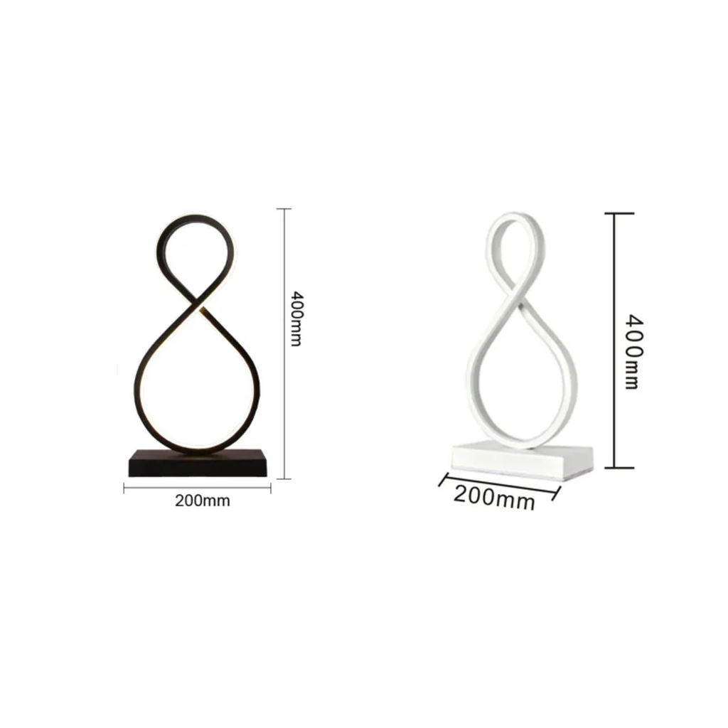 Dimensions of the modern spiral 8-shaped LED table lamp