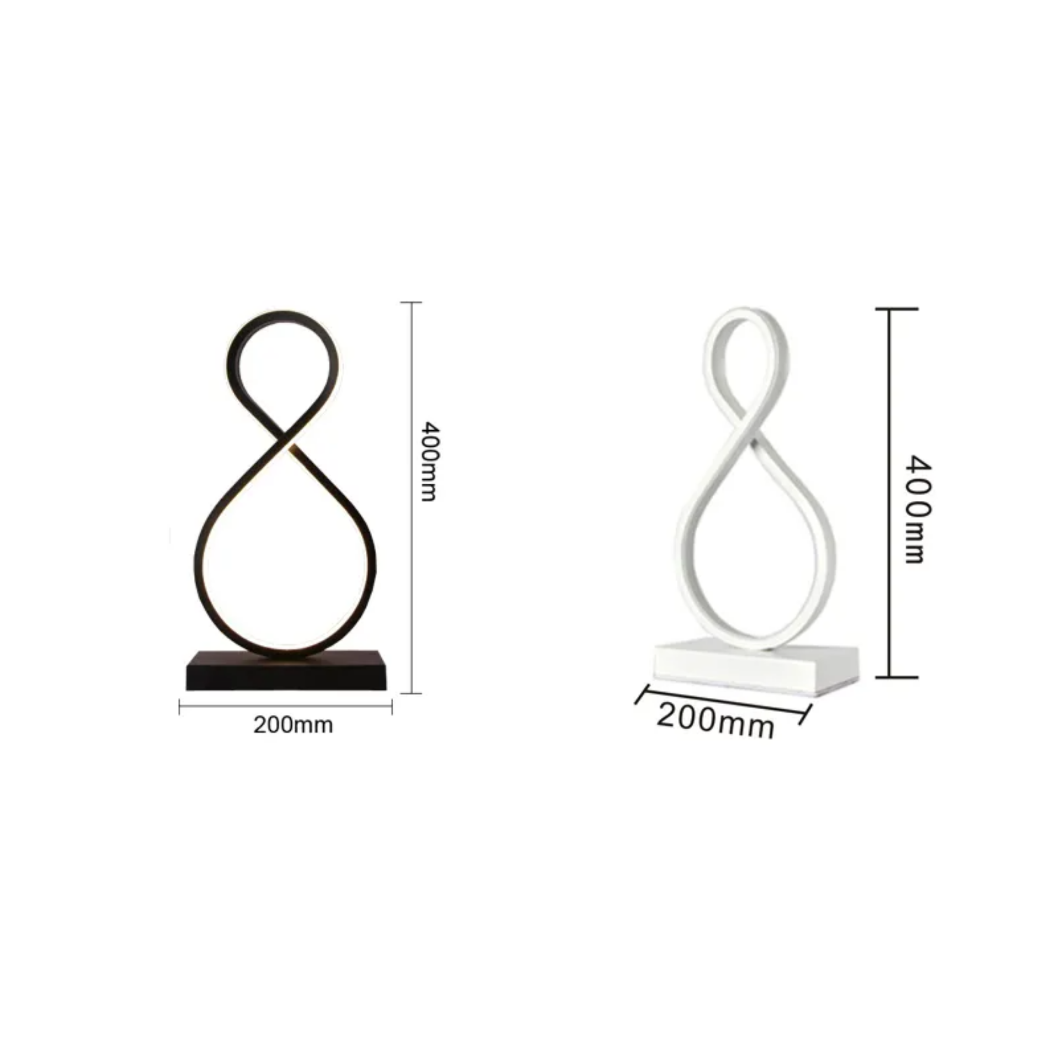 Dimensions of the modern spiral 8-shaped LED table lamp