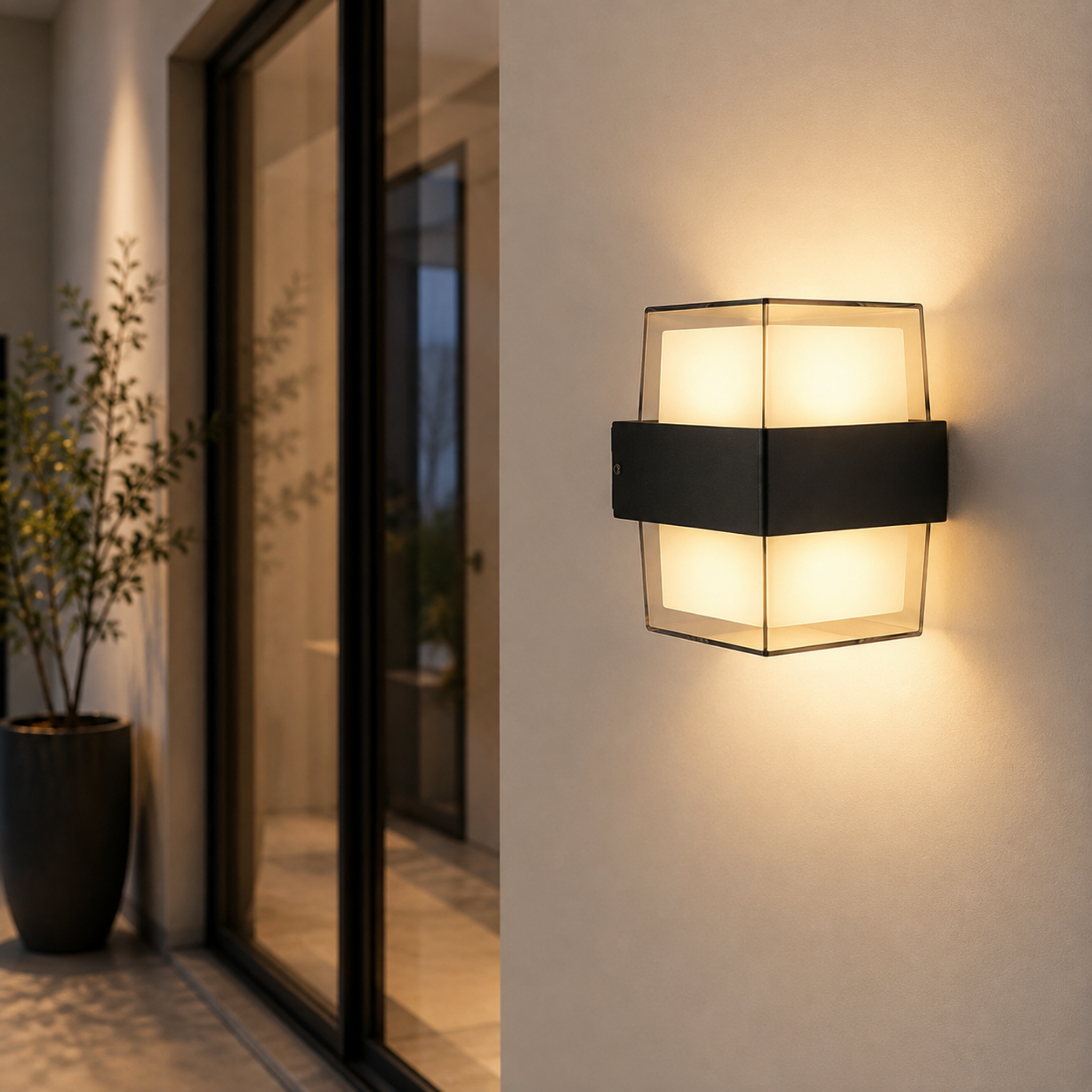 Modern square wall sconce at an outdoor entryway