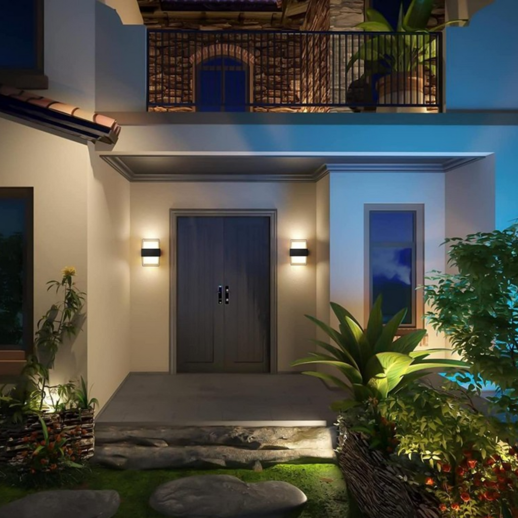 Modern square LED wall sconce on an exterior wall