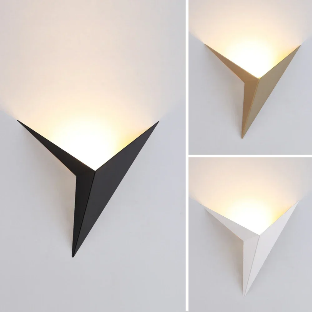 Modern triangle wall sconce available in white, black and gold