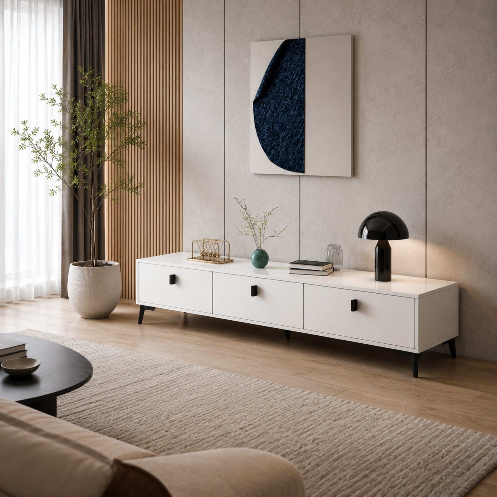 Modern 4-drawer TV stand in a living room