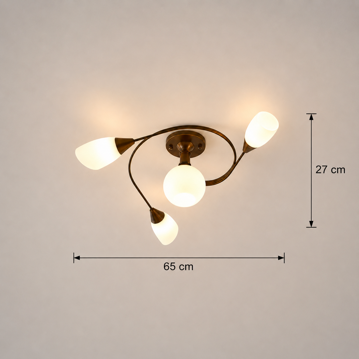 Dimensions of the modern vintage glass flush mount chandelier with 4 lights