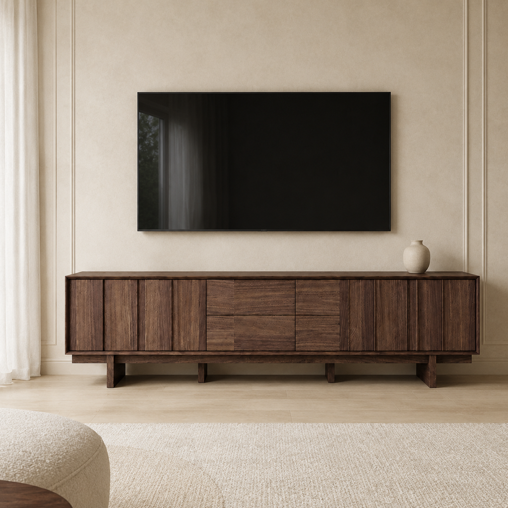 Modern TV stand and entertainment center with storage cabinets for organizing media devices and living room accessories.