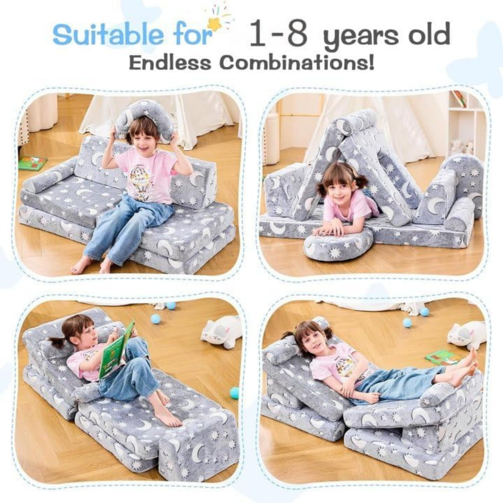 Modular kids couch configured as a bed