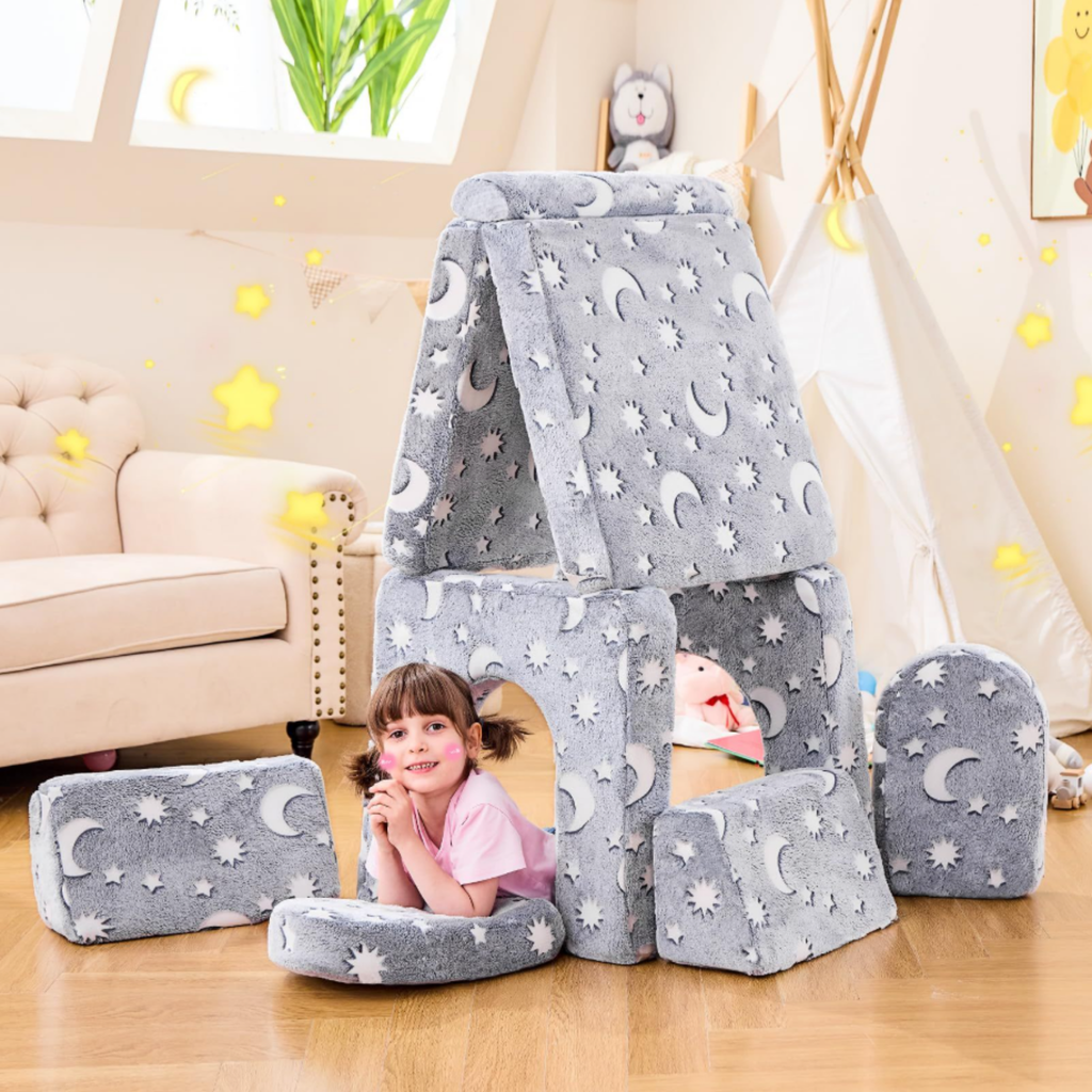 Modular kids couch transformed into a playhouse