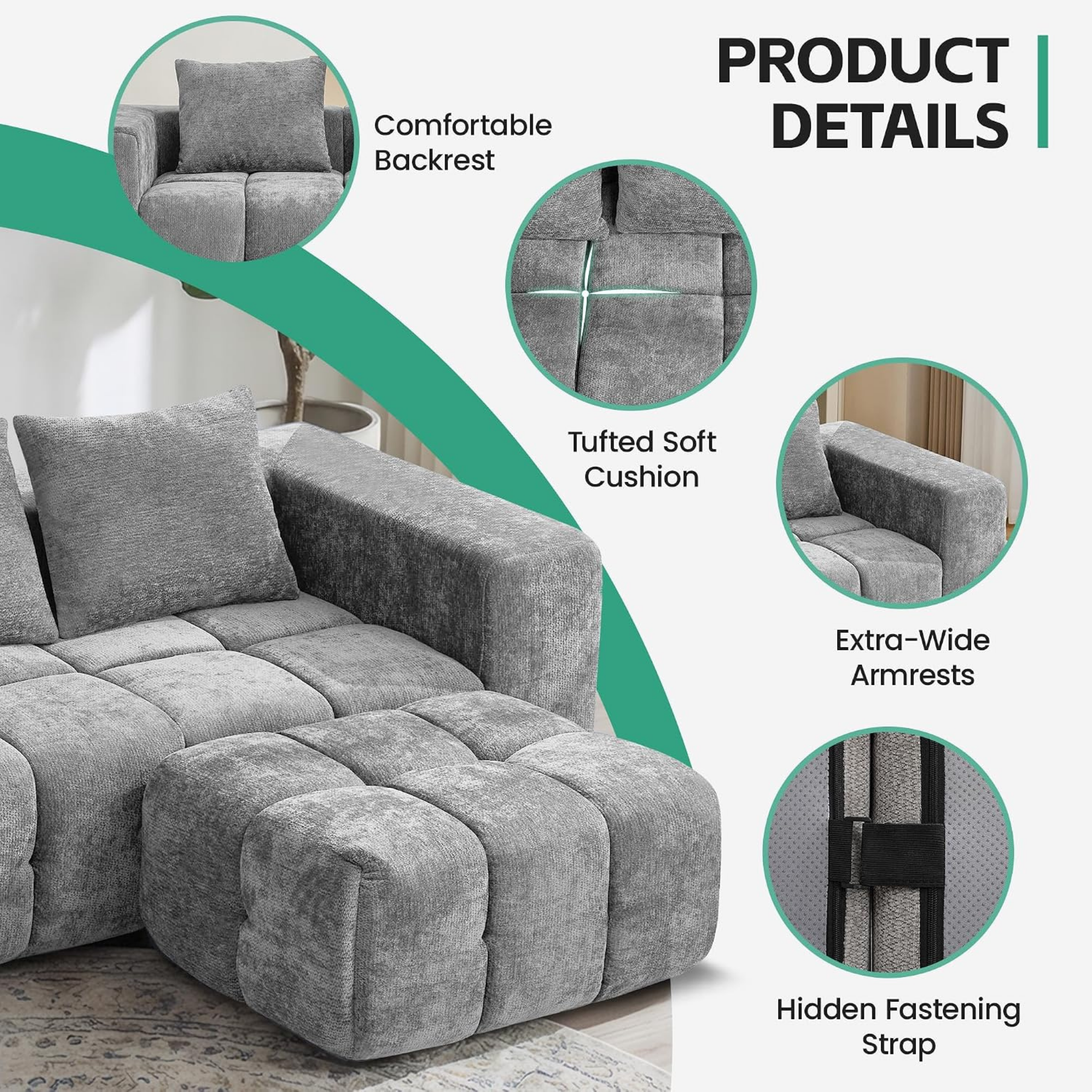 Secure fastener detail of modular sofa