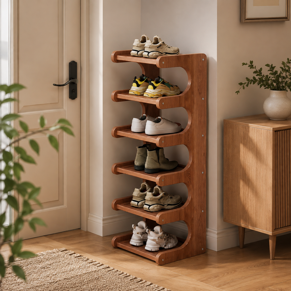 Nan Bamboo shoe rack in a modern entryway