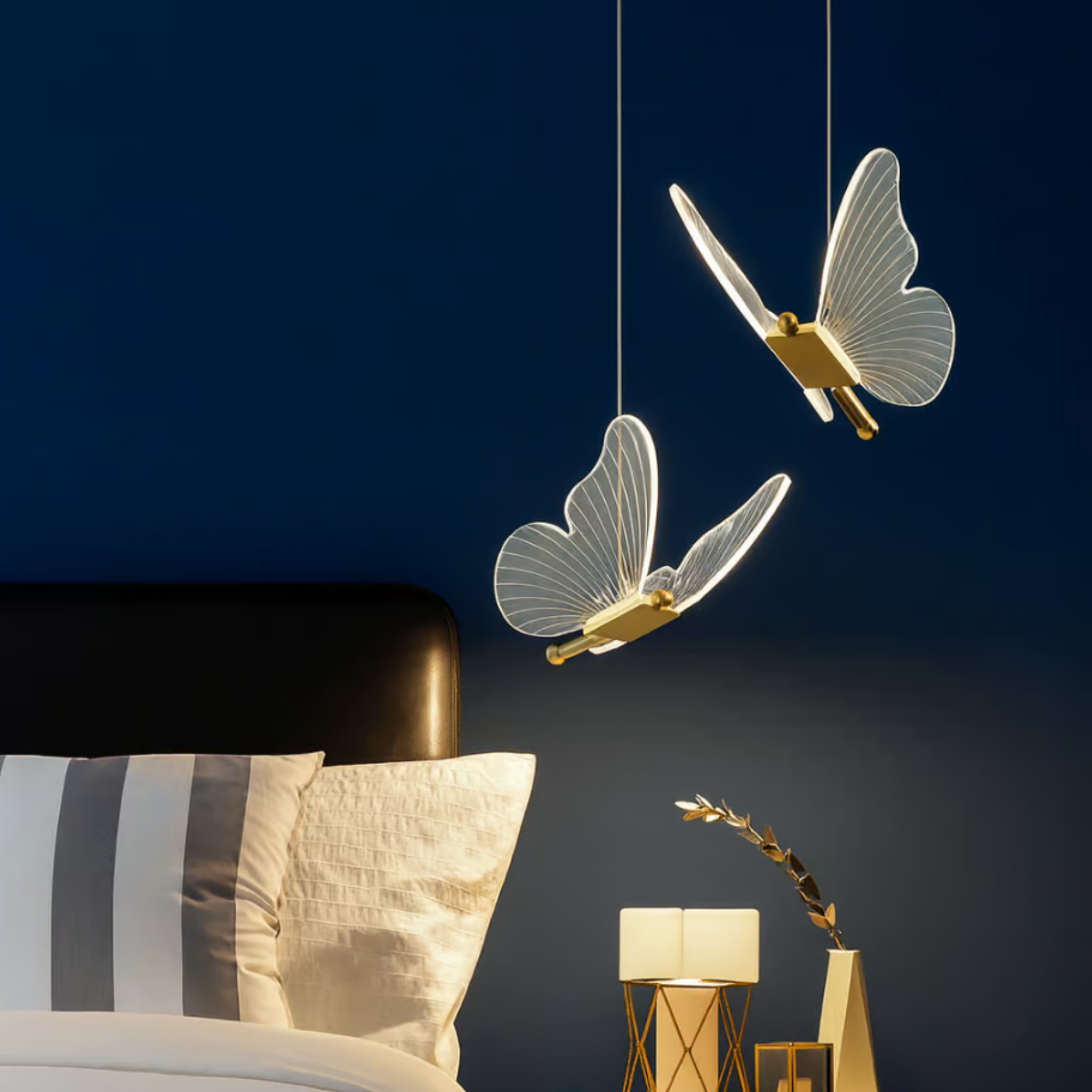 Nordic butterfly LED pendant 2 light above a bedside table