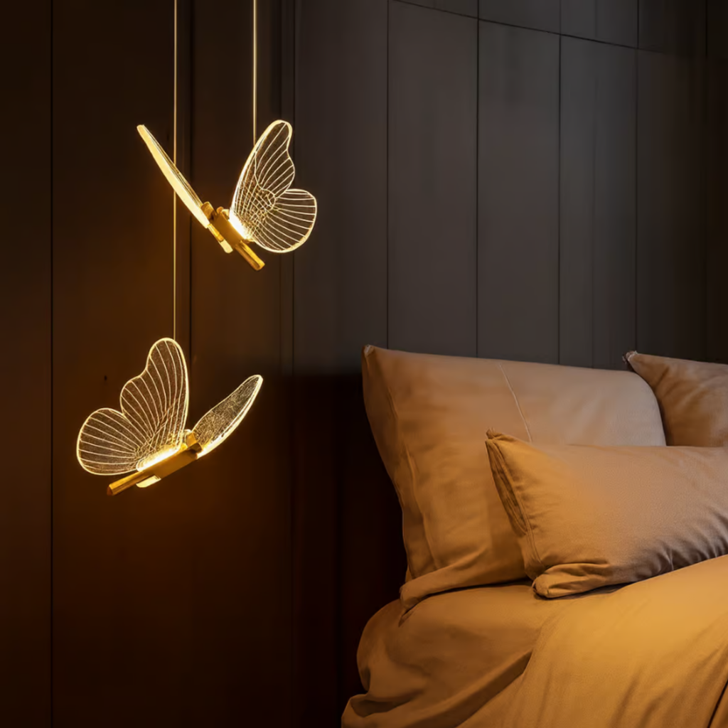 Nordic butterfly LED pendant light in a bedroom