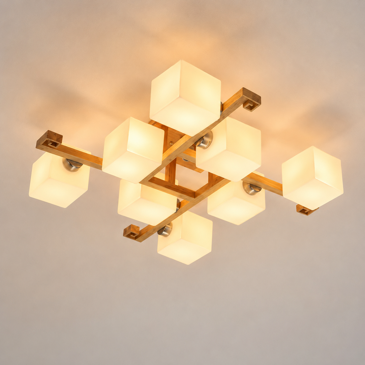 8-light flush mount ceiling light with solid wood frame
