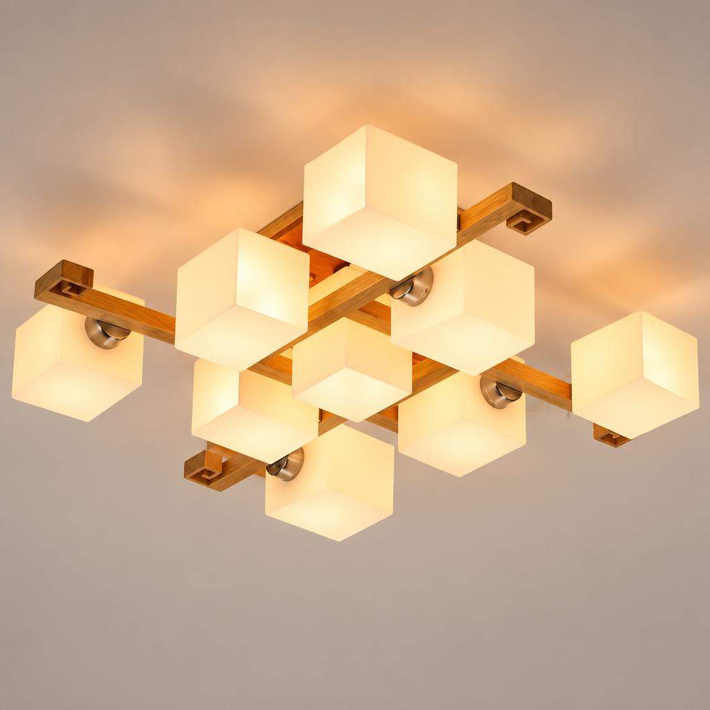 Nordic wooden ceiling light with 9 glass shades