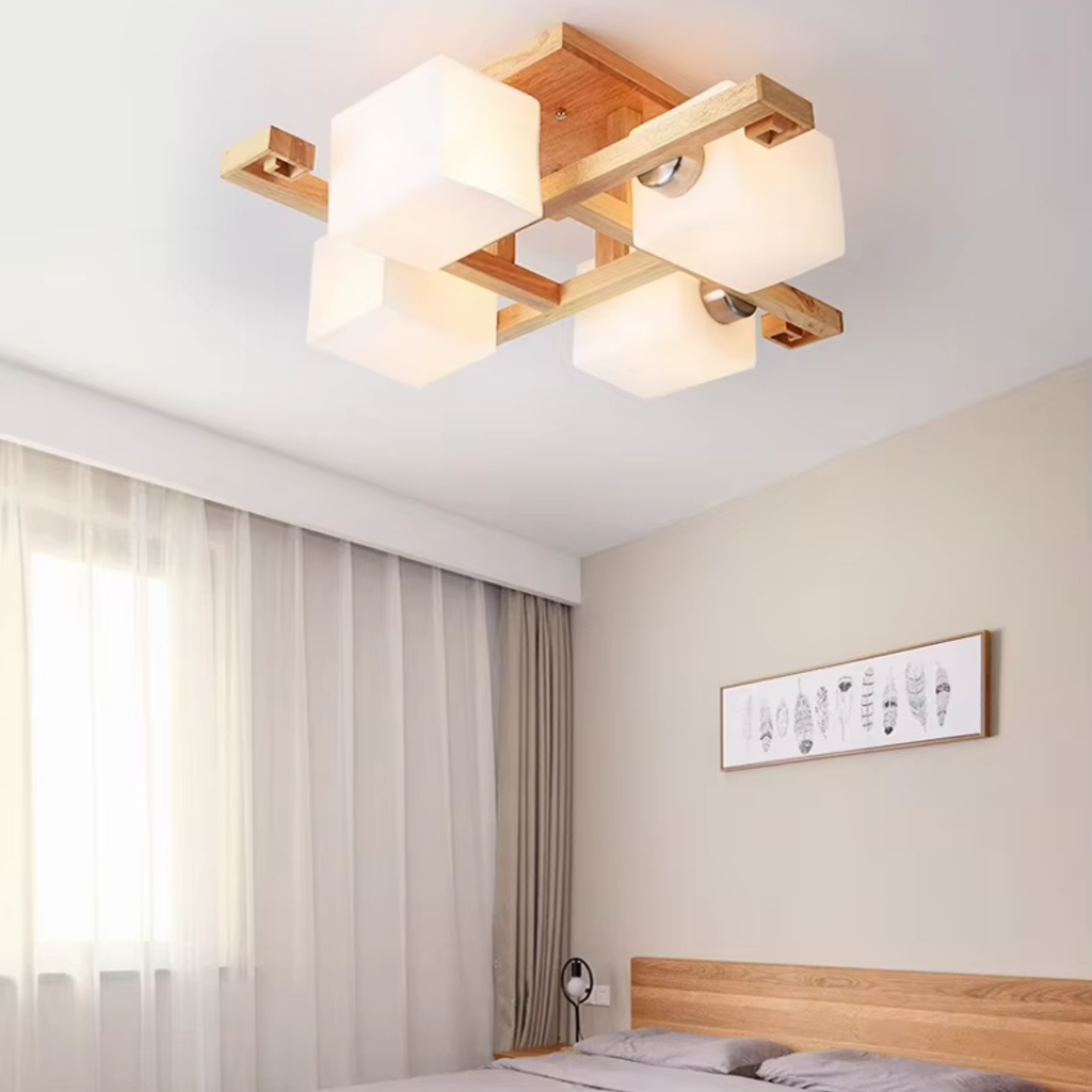 Nordic solid wood flush mount ceiling light in a bedroom