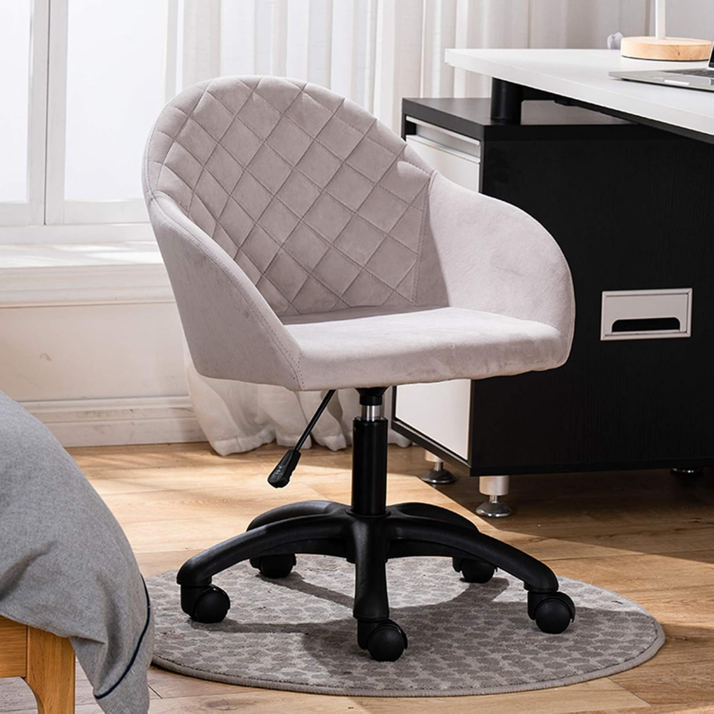 Light gray and black Nordic velvet office chair with adjustable height and swivel base