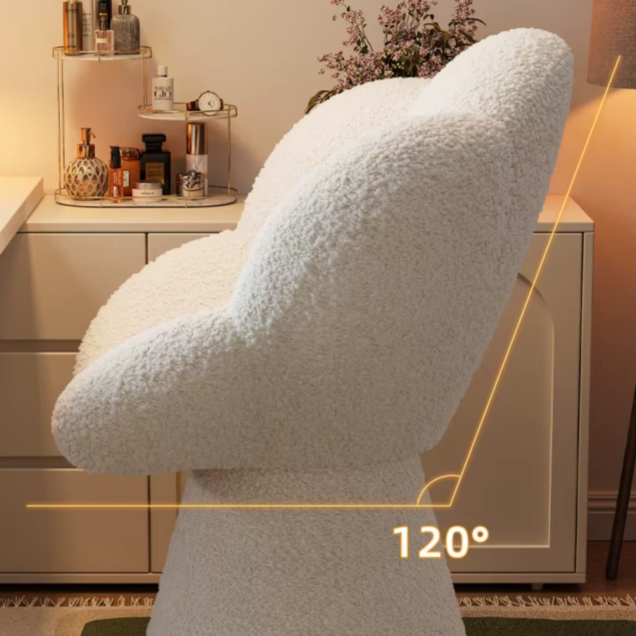 Curved backrest detail of petal vanity stool