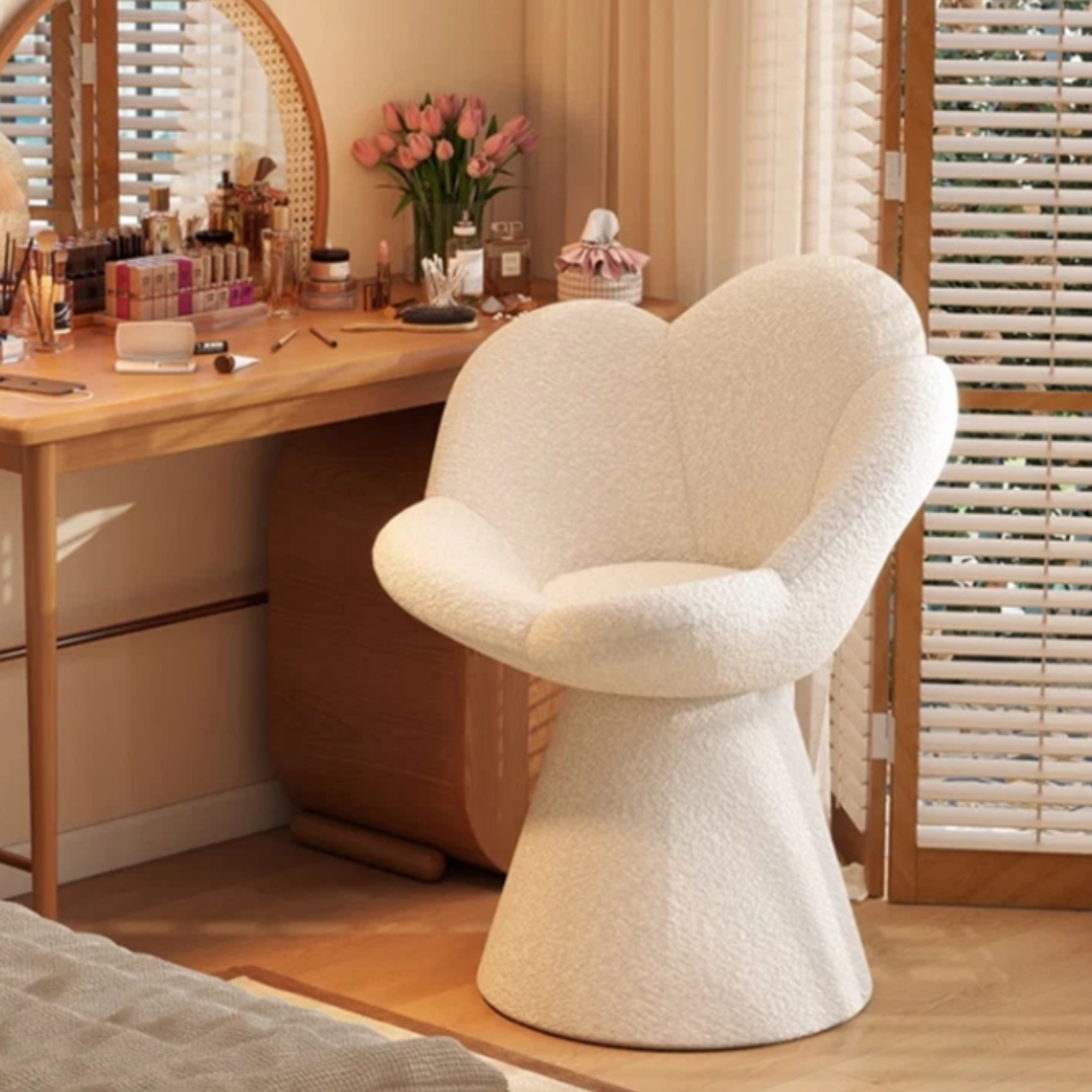 Petal-shaped vanity stool at a dressing table