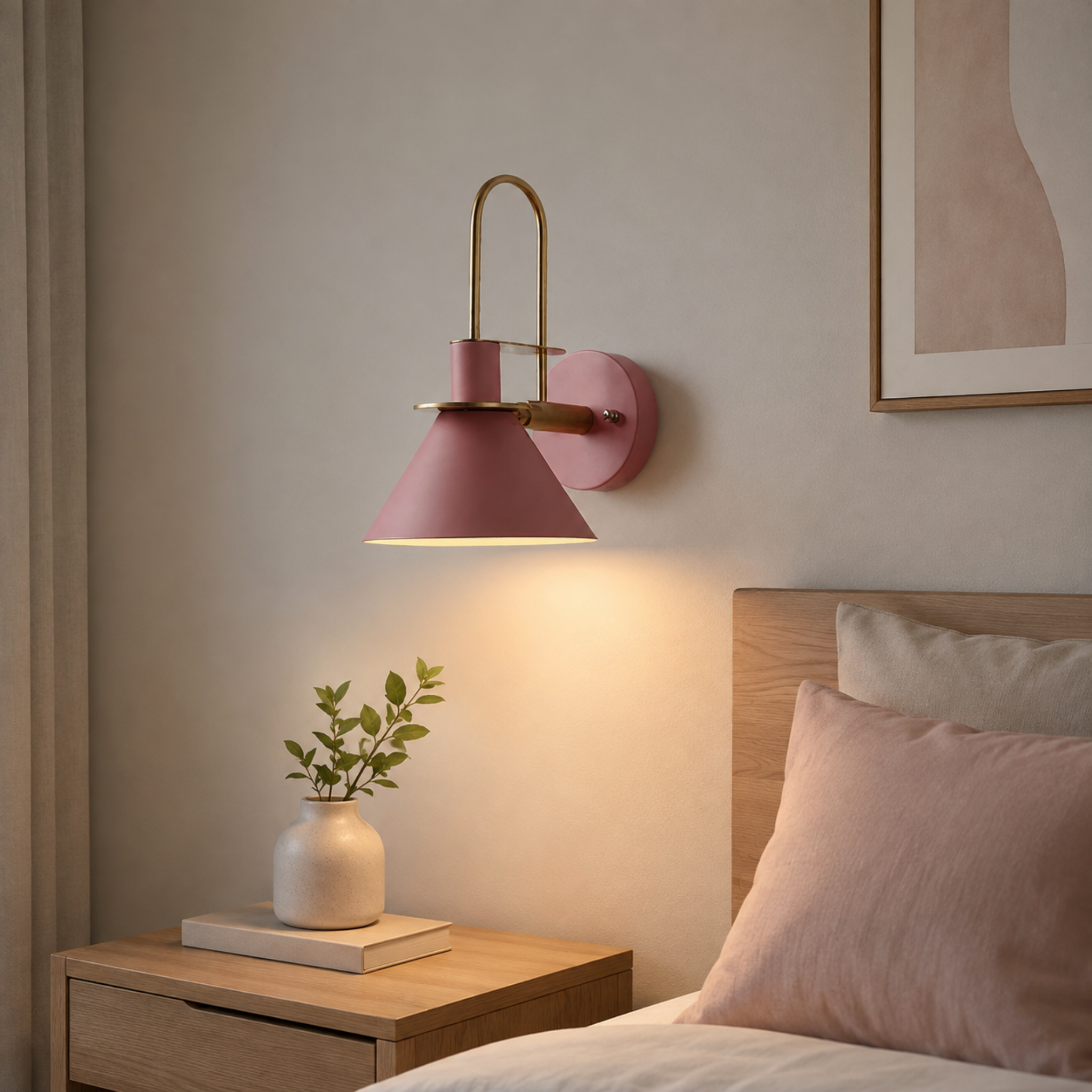 Pink industrial conical wall sconce in a bedroom