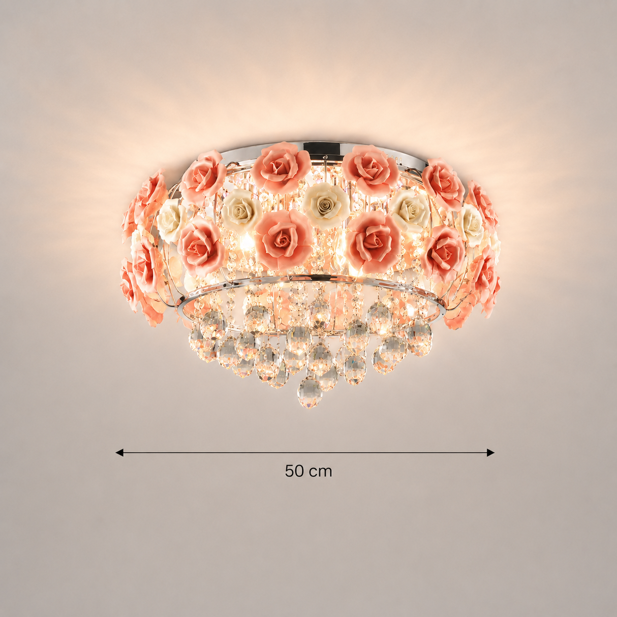 Dimensions of the pink rose crystal glass ceiling light 50cm