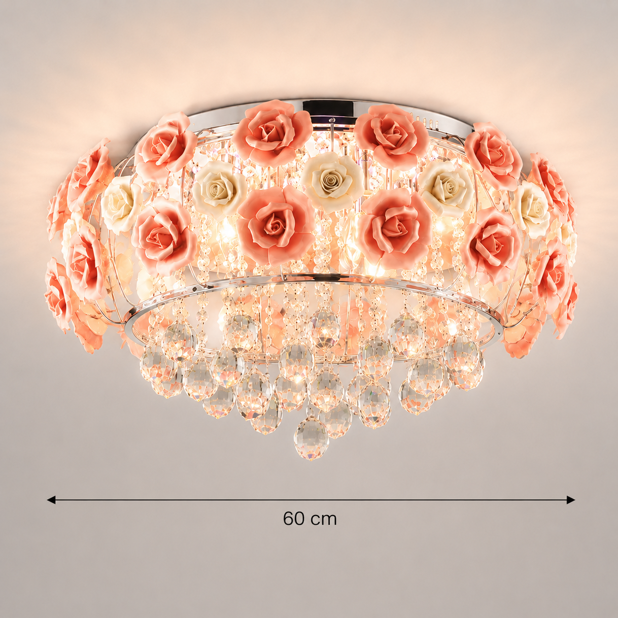 Dimensions of the pink rose crystal glass ceiling light 60cm