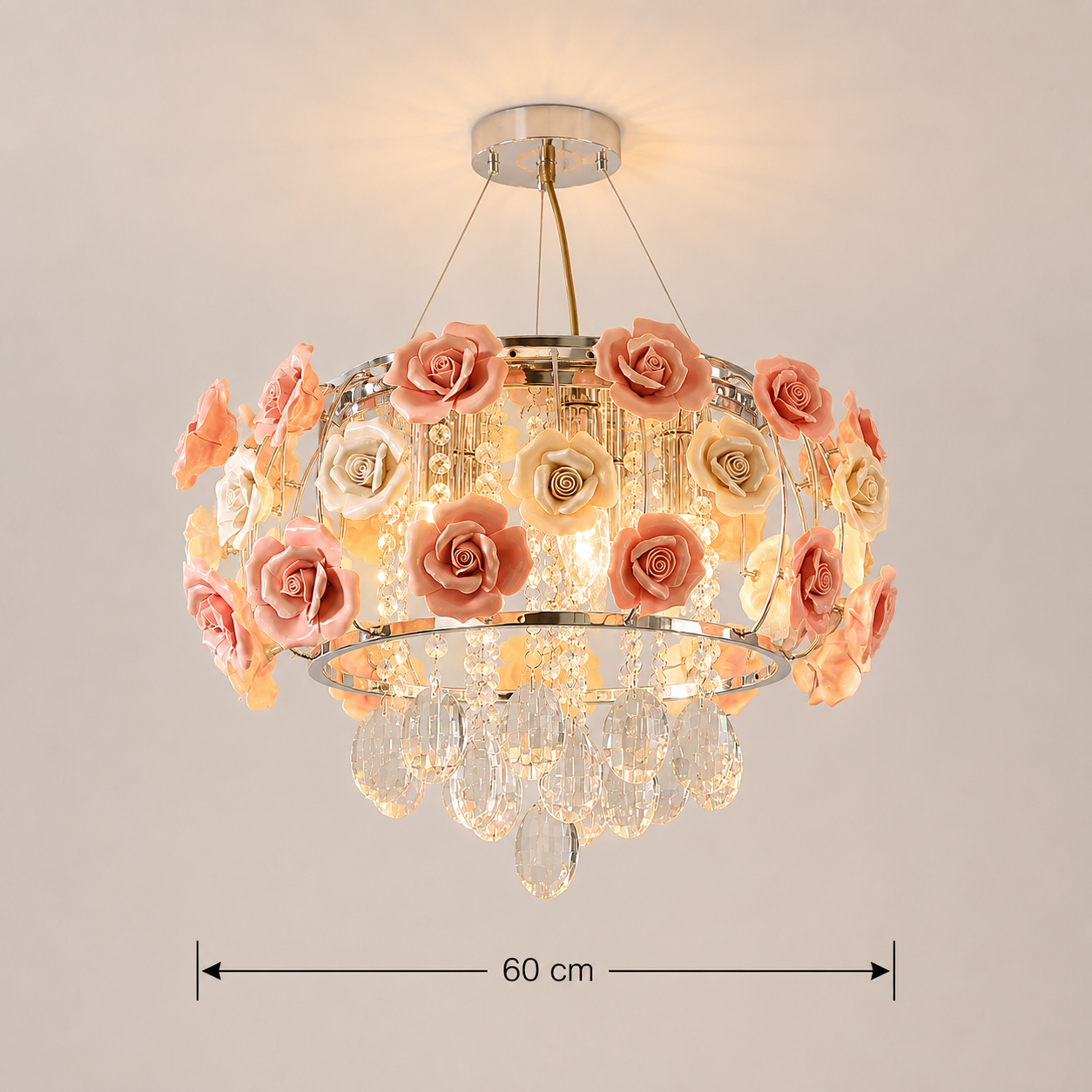Dimensions of the pink rose crystal glass pendant light 60cm