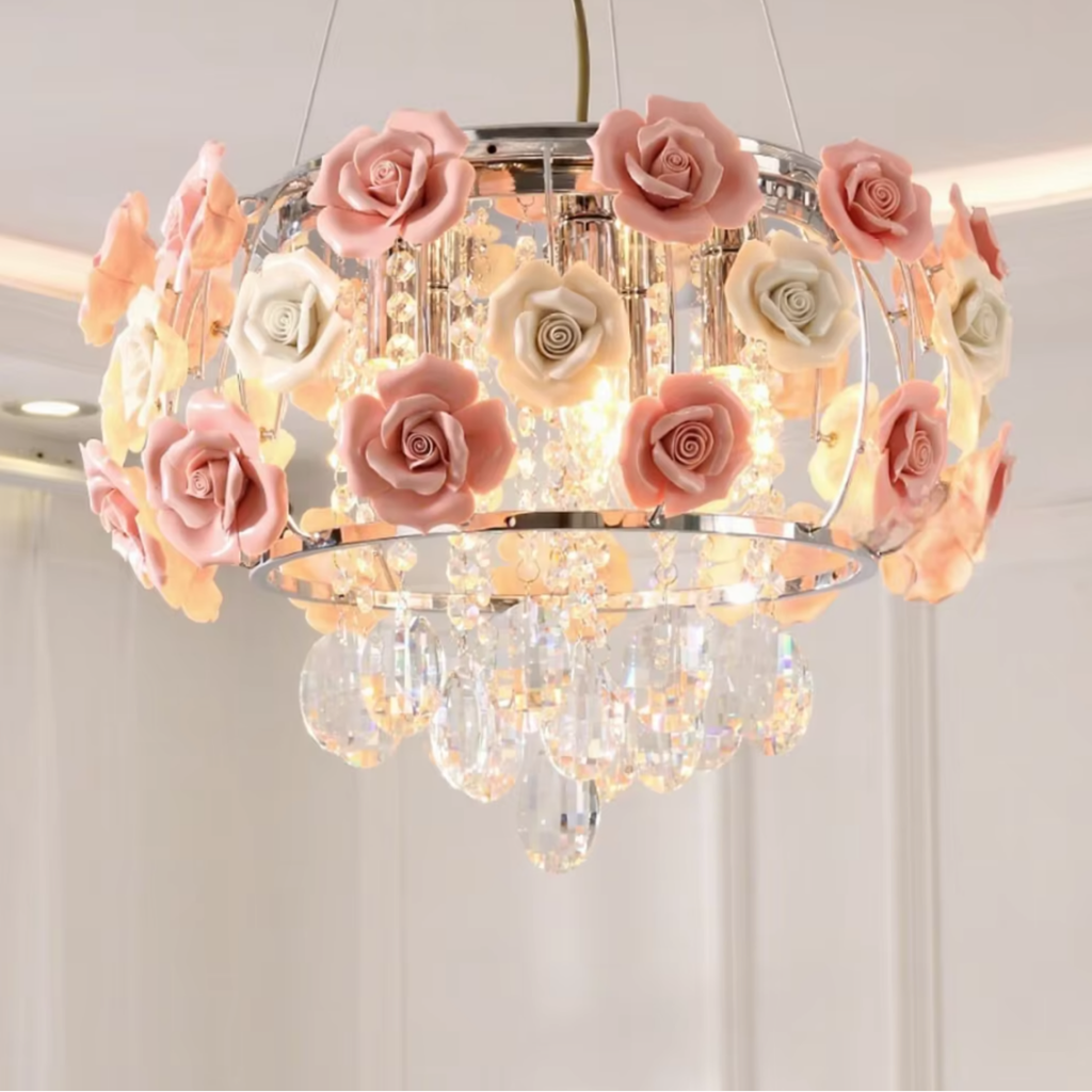 Front view of the pink rose crystal glass pendant light