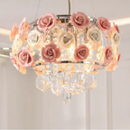 Front view of the pink rose crystal glass pendant light