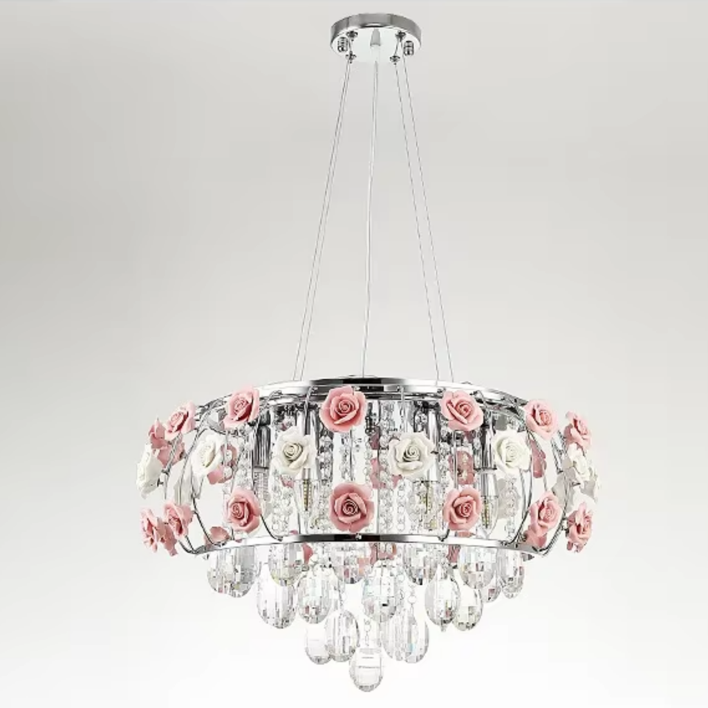 Pink rose crystal glass pendant light turned on