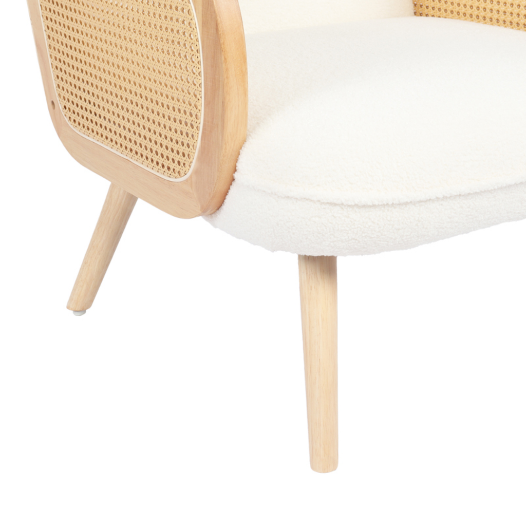 Rattan frame detail of modern upholstered accent chair