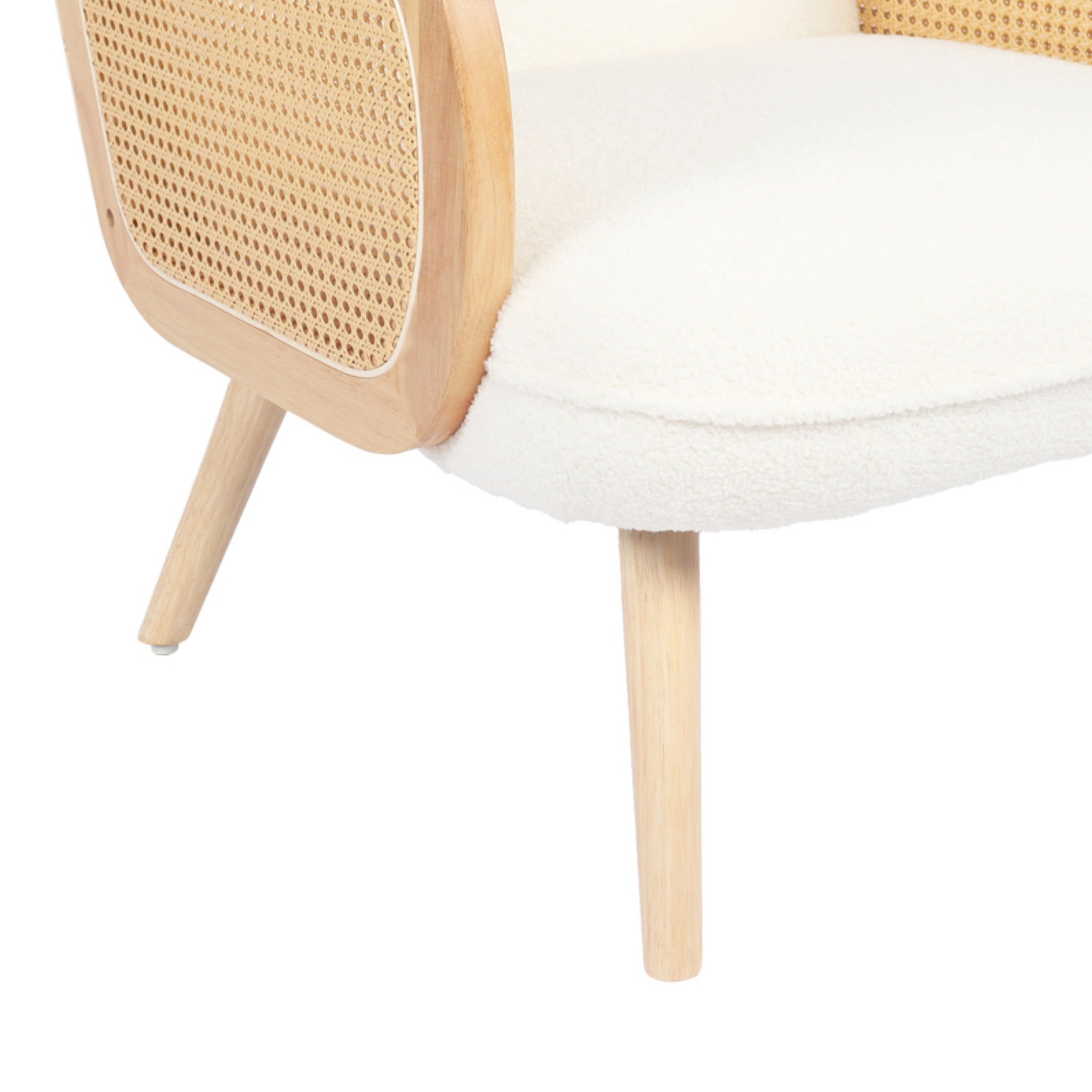 Rattan frame detail of modern upholstered accent chair