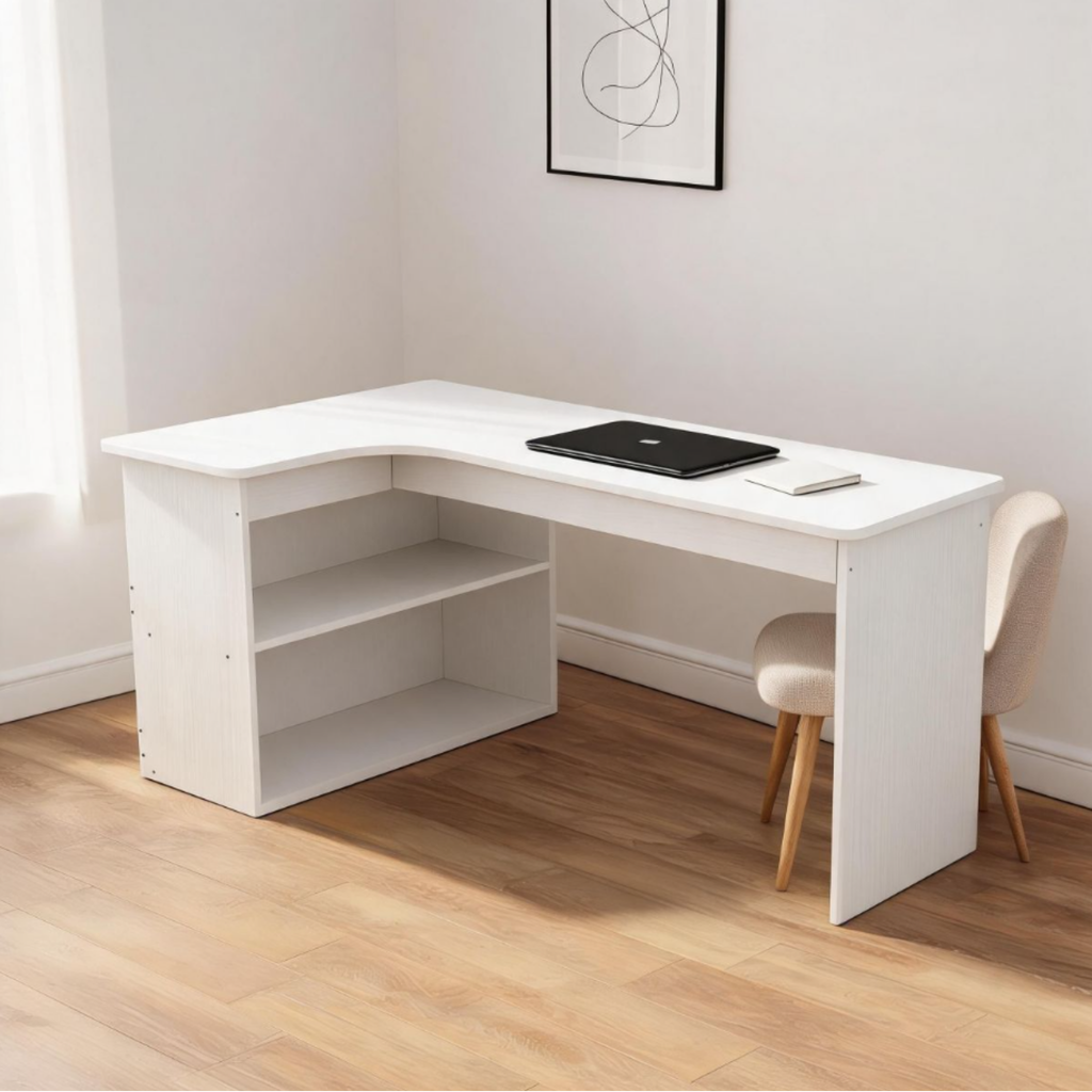 White corner desk with right-side layout