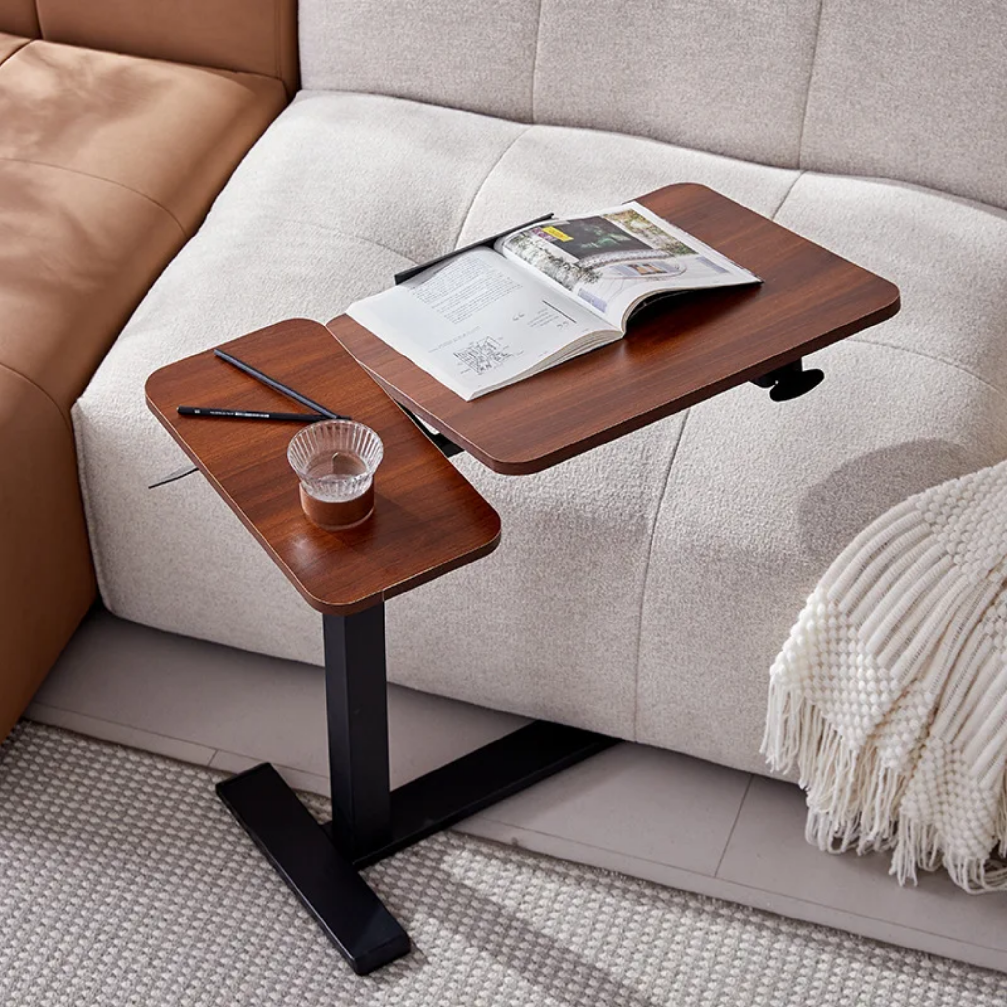 Angled view of rolling computer desk