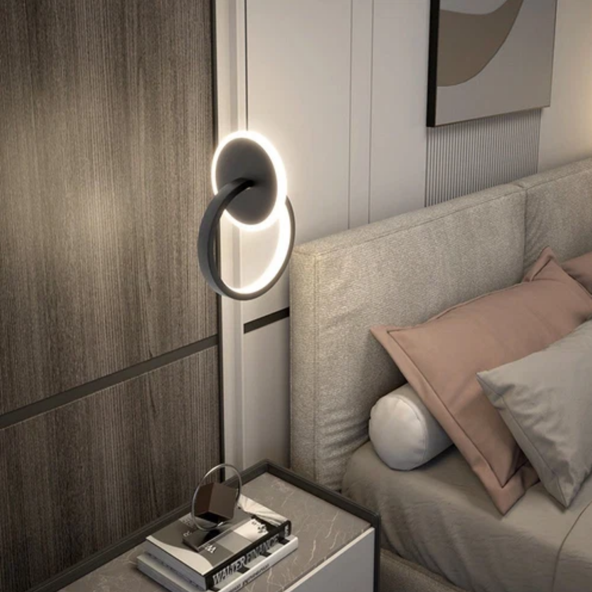 Angled view of modern luxury round LED hanging light