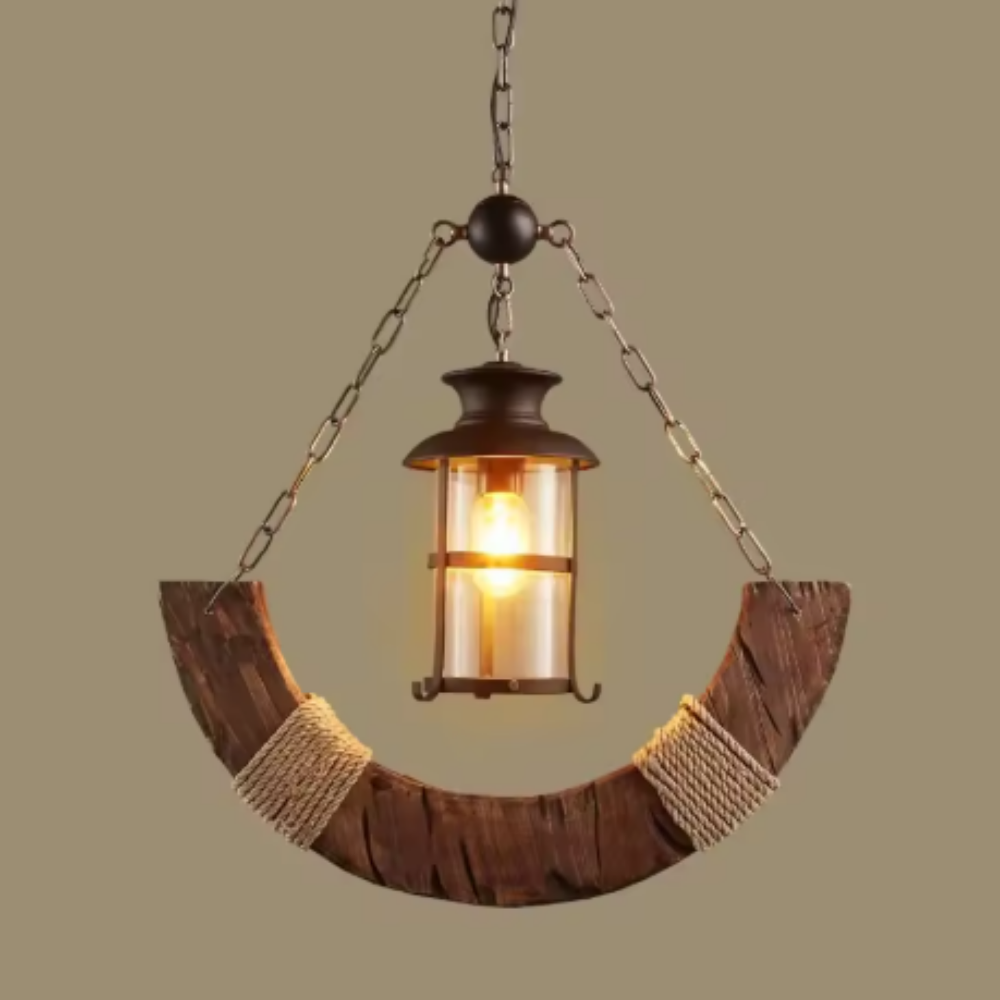 Front view of the rustic half moon wood and hemp rope chandelier