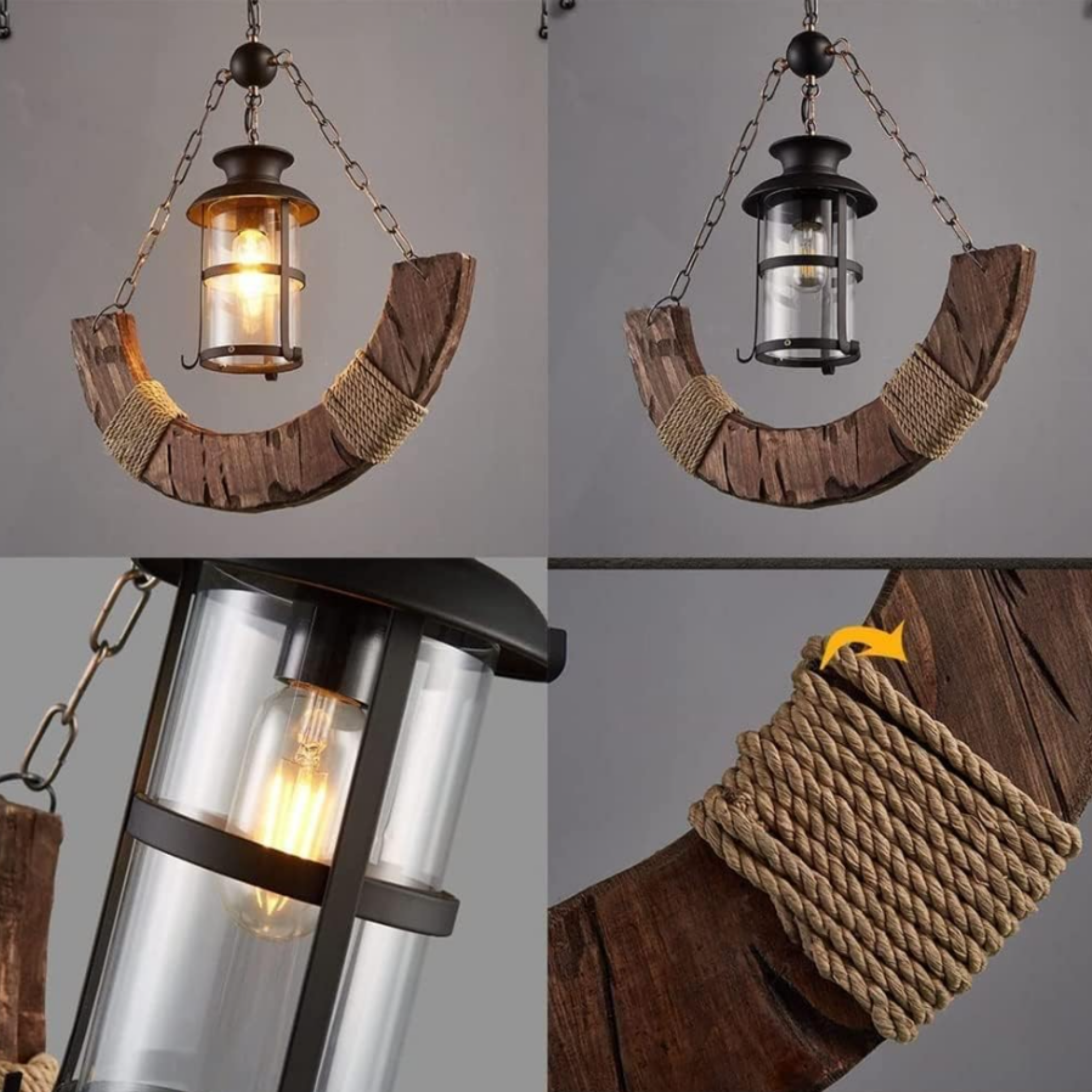 Rustic half moon wood and hemp rope chandelier turned off