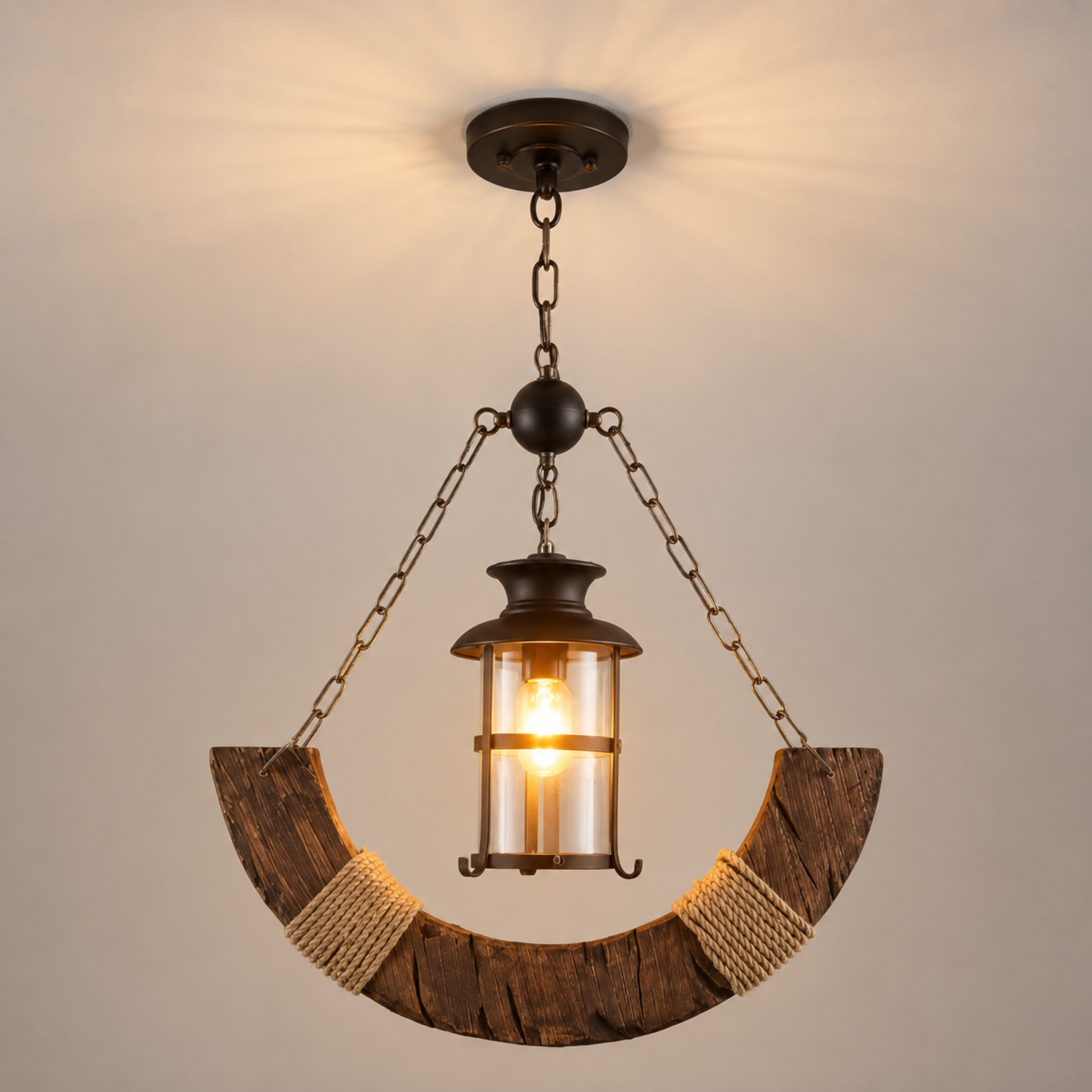 Rustic half moon wood and hemp rope chandelier