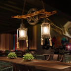 Rustic double pendant light above a bar